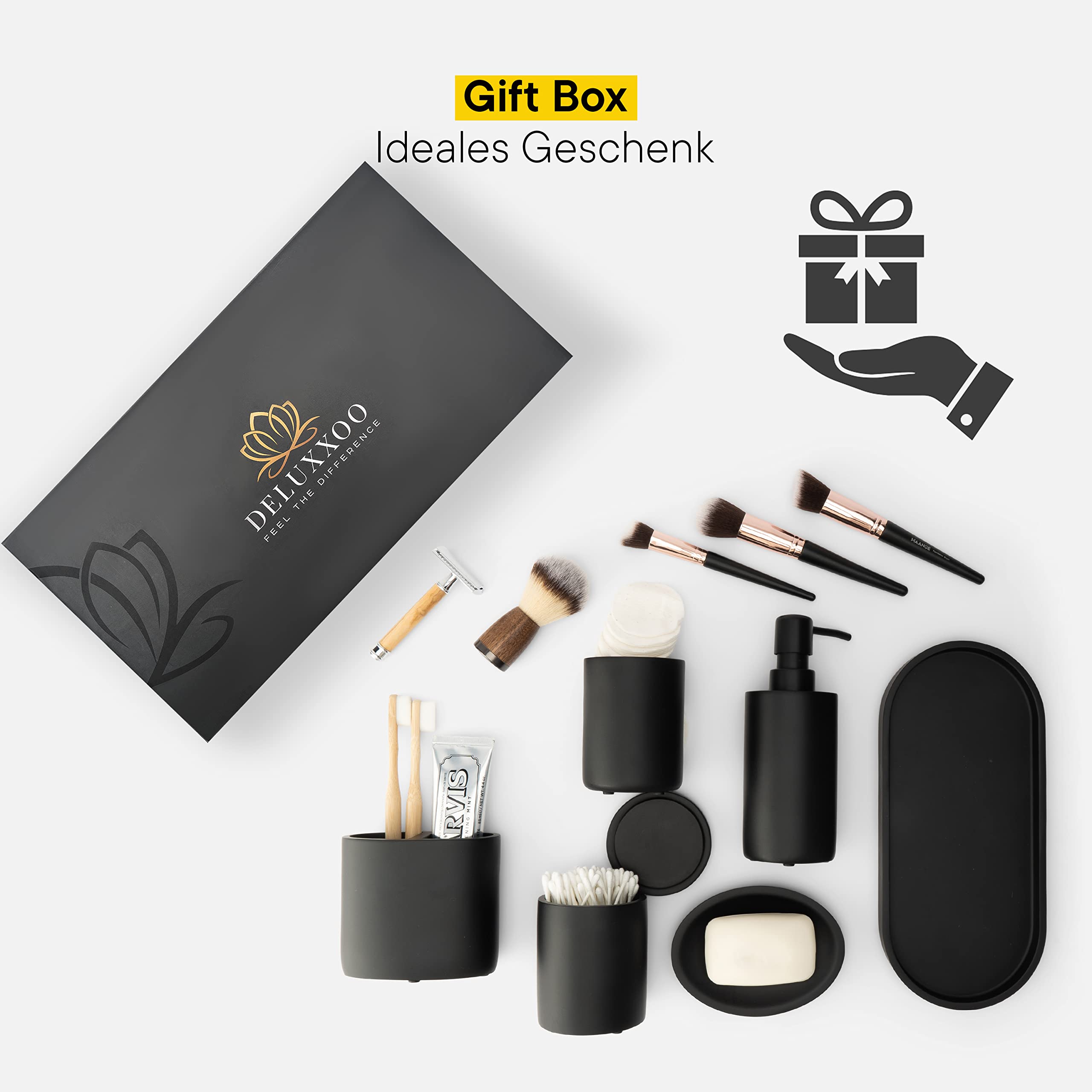 Hochwertiges 6-teiliges Badezimmer Zubehör Set schwarz matt als Bad Organizer und Deko Seifenspender Seifenschale Zahnputzbecher Tablett Aufbewahrung Box Becher Accessoires