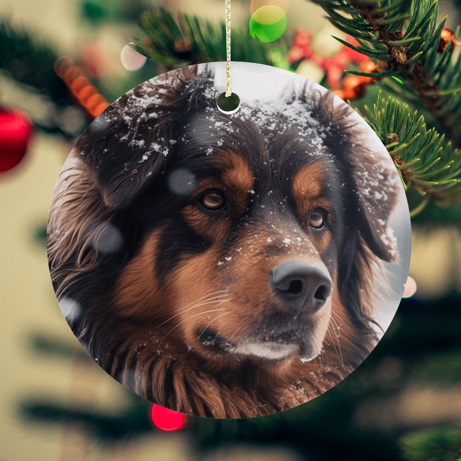 Dog in Snow Christmas Ornament for Christmas Tree Ceramic Round Ornament Winter Holiday Keepsake Gift 2.7" Christmas Tree Hanging Decorations Circle Ceramic Pendant Xmas Gift