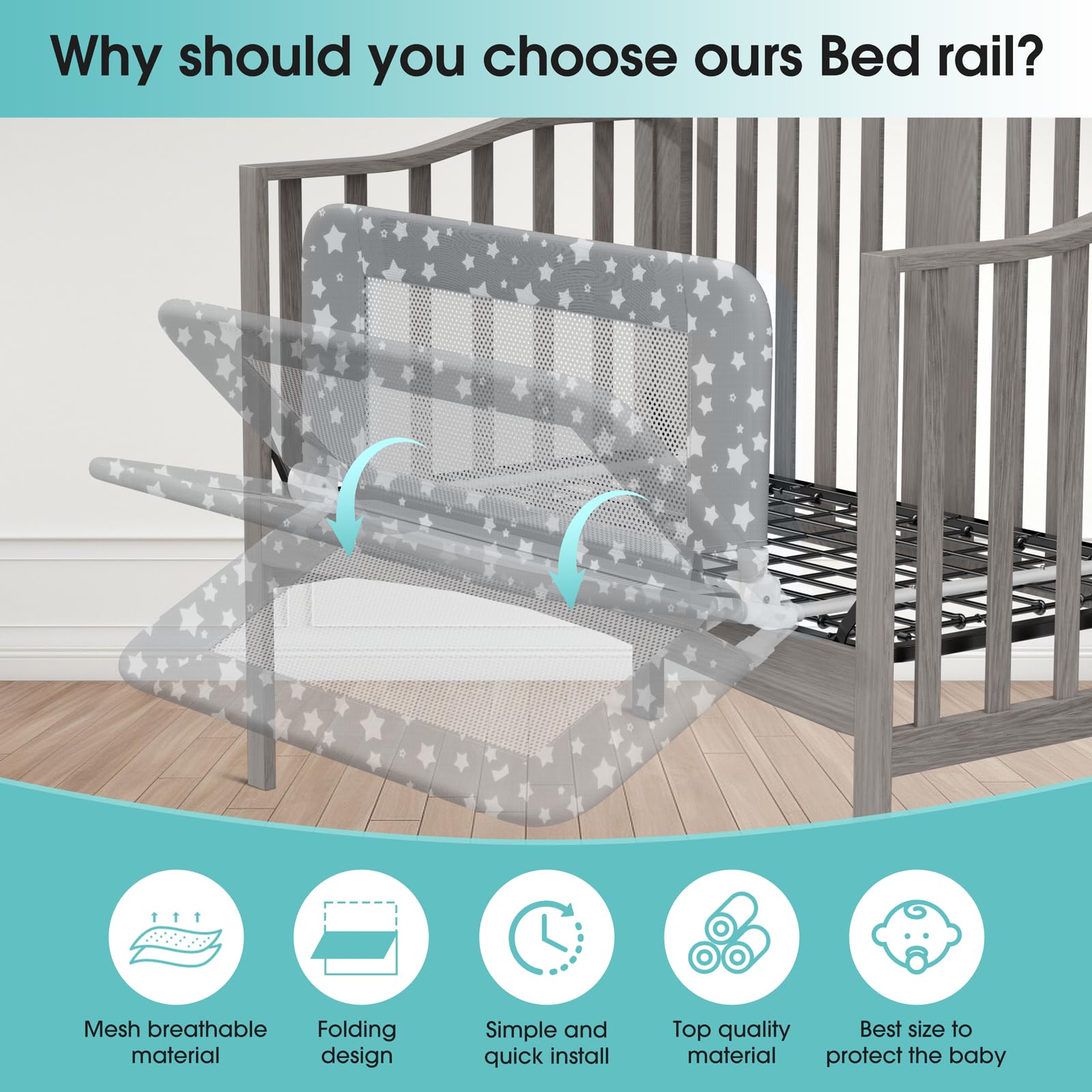 NUTIKAS Protector de riel de cuna para niños pequeños, barandillas de cama de 35.4 pulgadas, protector lateral de seguridad convertible, malla transpirable, barreras de cama con anclaje reforzado