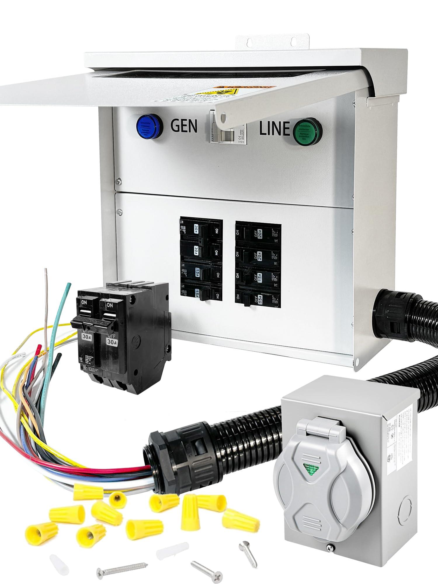 30Amp Transfer Switch Kit with Multiple 30A, 20A, 15A Circuit Breakers, Dual Power Manual Transfer Switch, 8 Circuits, with 30A Resistant Power Inlet Box