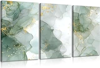 3Pcs Framed Sage Green Gold Canvas Wall Art Abstrac Marble Pictures Elegant Modern Living Room Posters Print Paintings Wall Decor Artwork for Bedroom Bathroom Office Home Decoration 12x16in