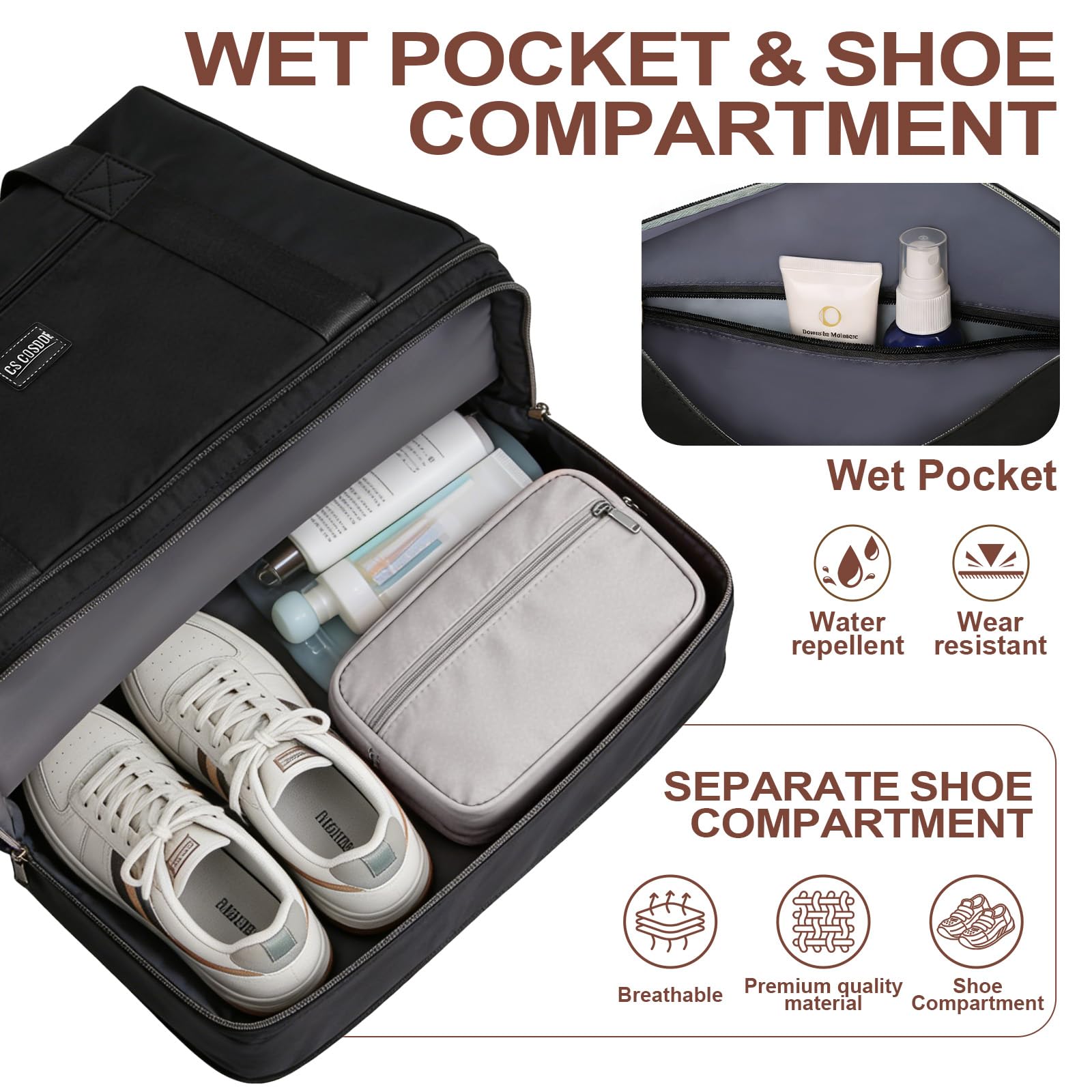 CS COSDDI Travel Bag, Overnight Bag with Shoes Compartment & Wet Pocket, Weekend Bags for Water Resistant Haspital Bag Gym Duffle Bag Women Men Holdall Bag, for Ryanair Cabin Bags 40x30x20