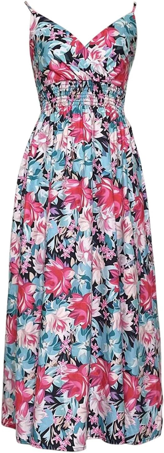 AMDOLE Women's Midi Dresses Women's Dress Women's Waist Wrapped Printed Strap Mid Length Dress Casual Sleeveless Floral Print Dress
