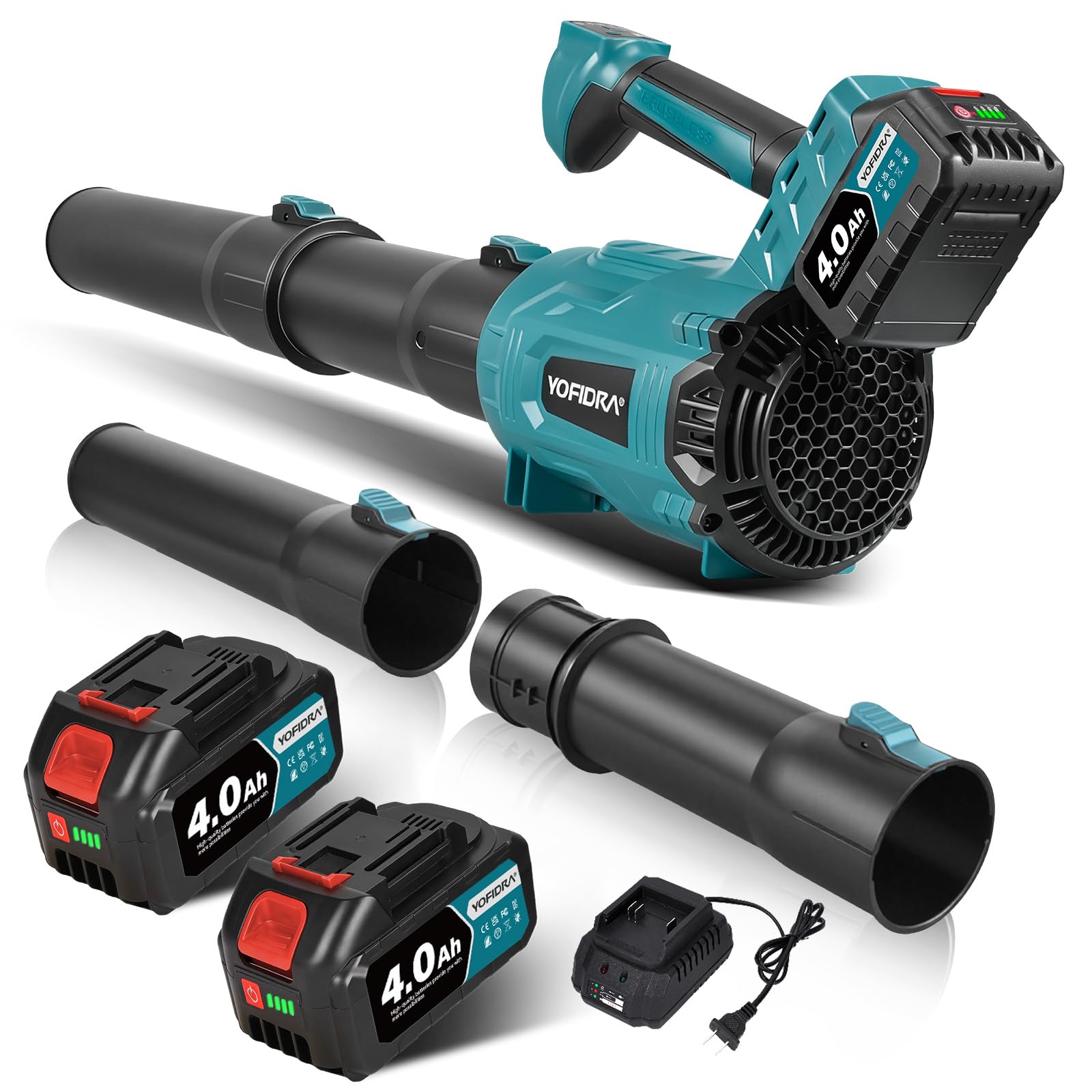 Yofidra Soffiatore per Foglie Senza Fili, 400 km/h, Motore Spazzole 25000 RPM, 6 Velocità, 2 Batterie e Caricatore, Soffiatore a Batteria per Giardino, Foglie, Polvere e Neve