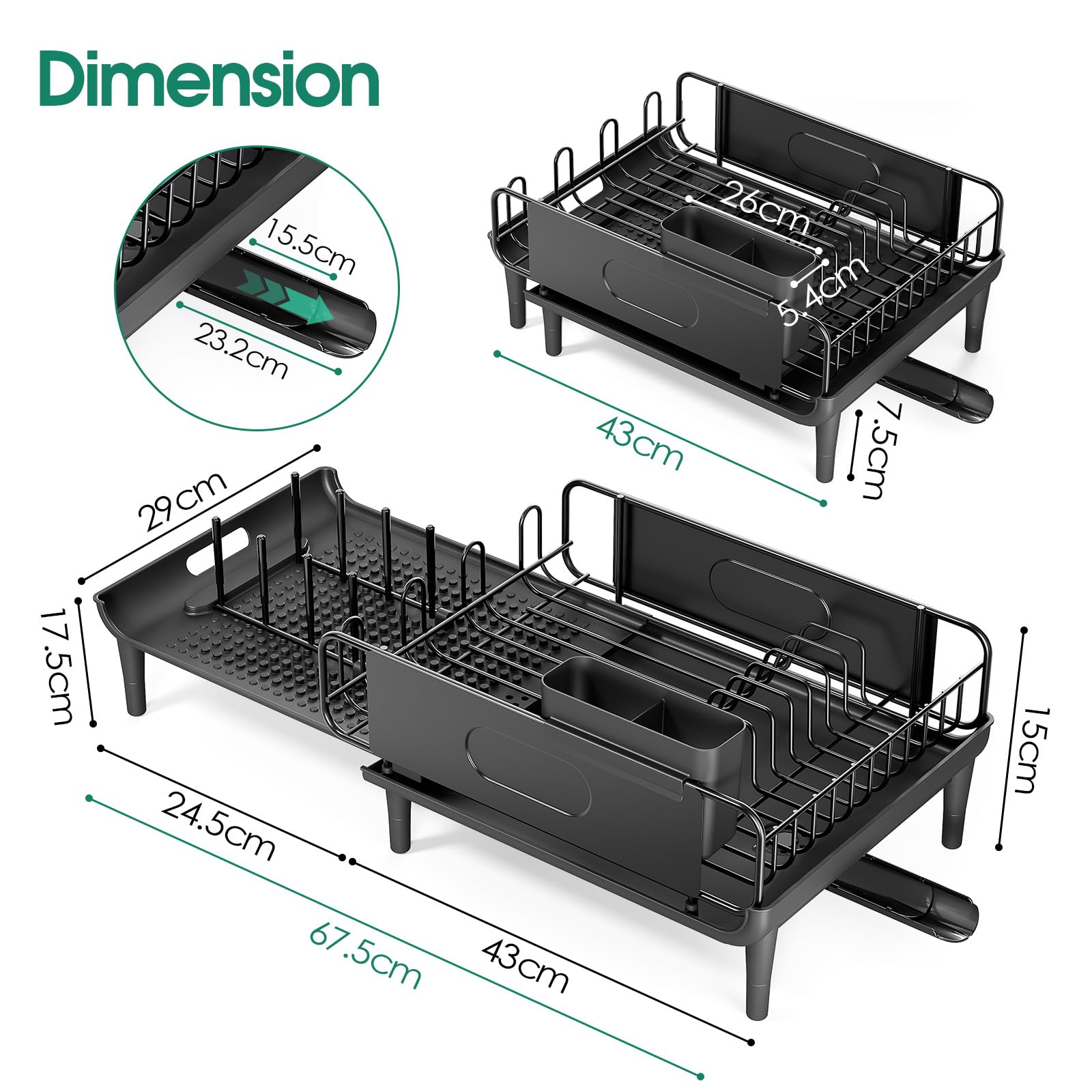 Urackify Escurridor de platos, de acero inoxidable, expandible (14.5 a 25.3 pulgadas) y escurridor de platos con estante plegable, soporte para utensilios para encimera, 1 pieza color negro