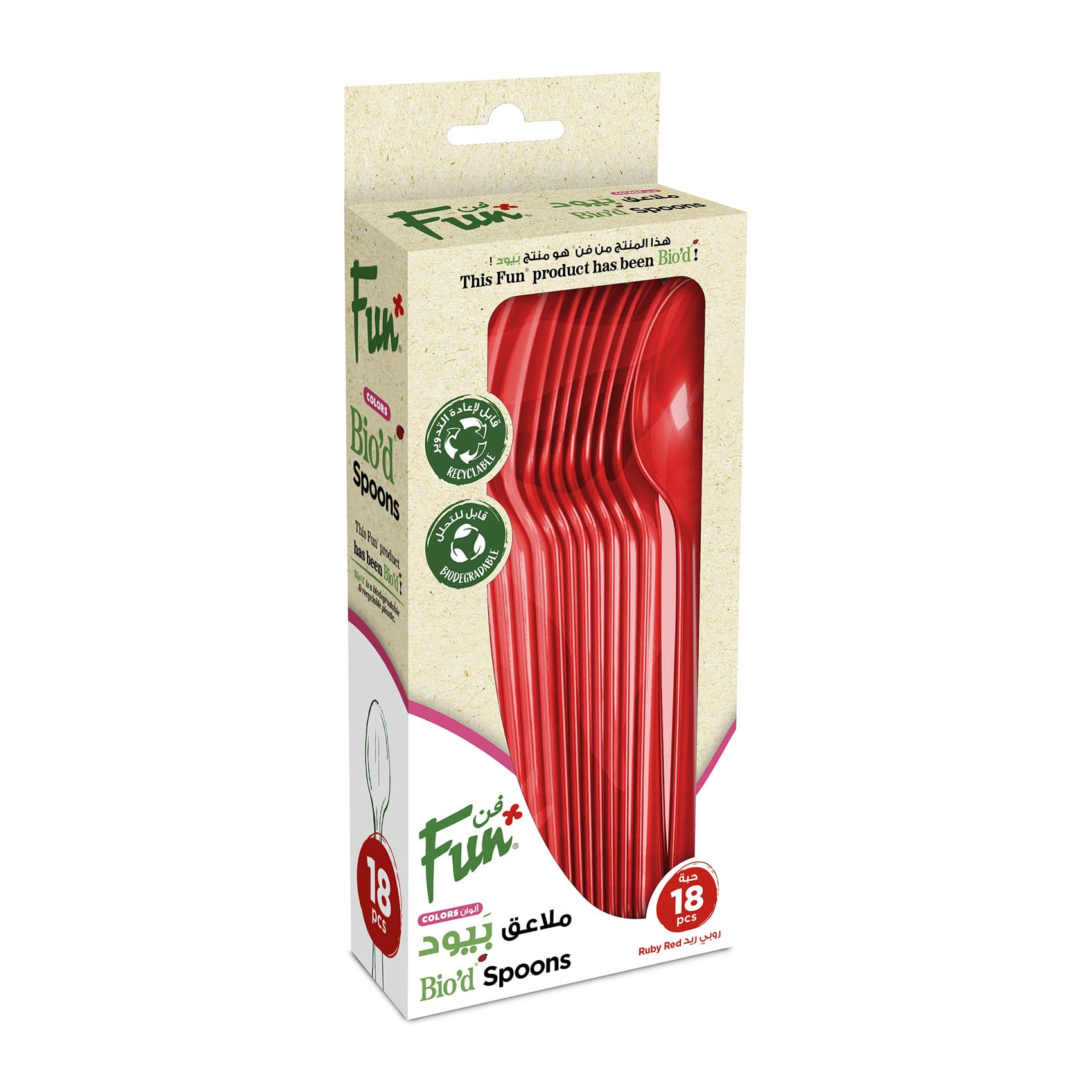 FUN BY AL BAYADER فن Colors Bio`d disposable Spoons - Biodegradable - Ideal for Eating Salad, Dessert, Appetizer, Fruit Salad, Chinese Food & more- Ruby Red (Pack of 18)