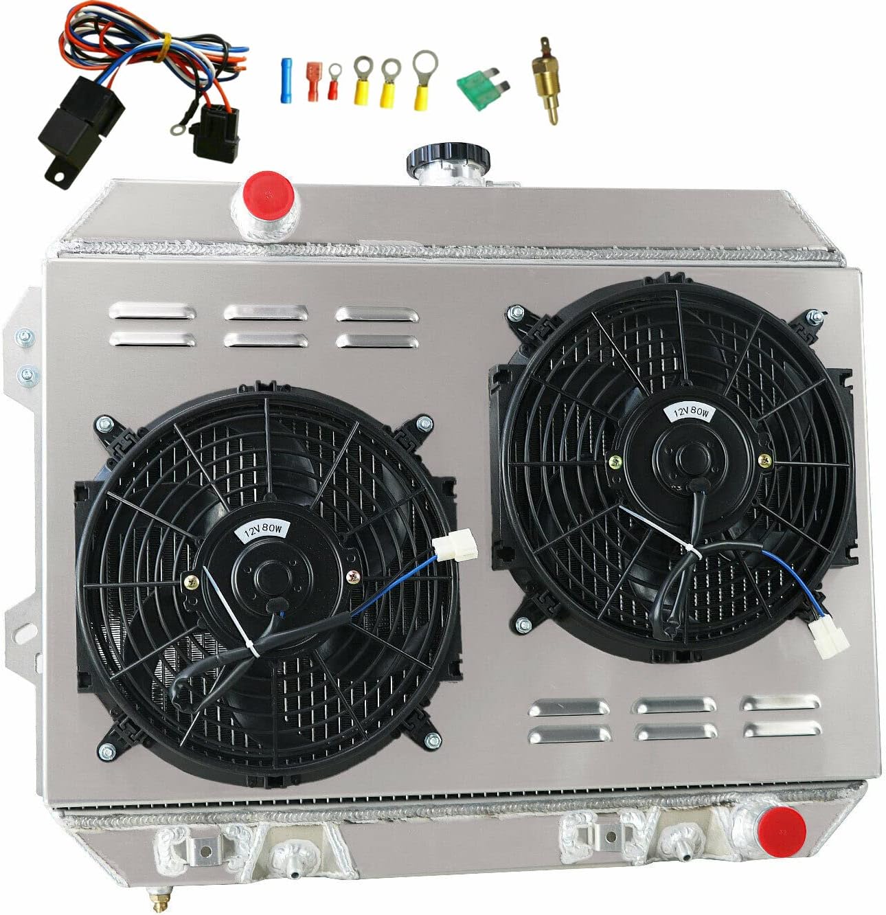 4 Row Aluminum Radiator for 1975-1983 Nissan Datsun 280Z 280ZX 2.8L L6, Radiators Fan Shroud Thermostat Kit Combo
