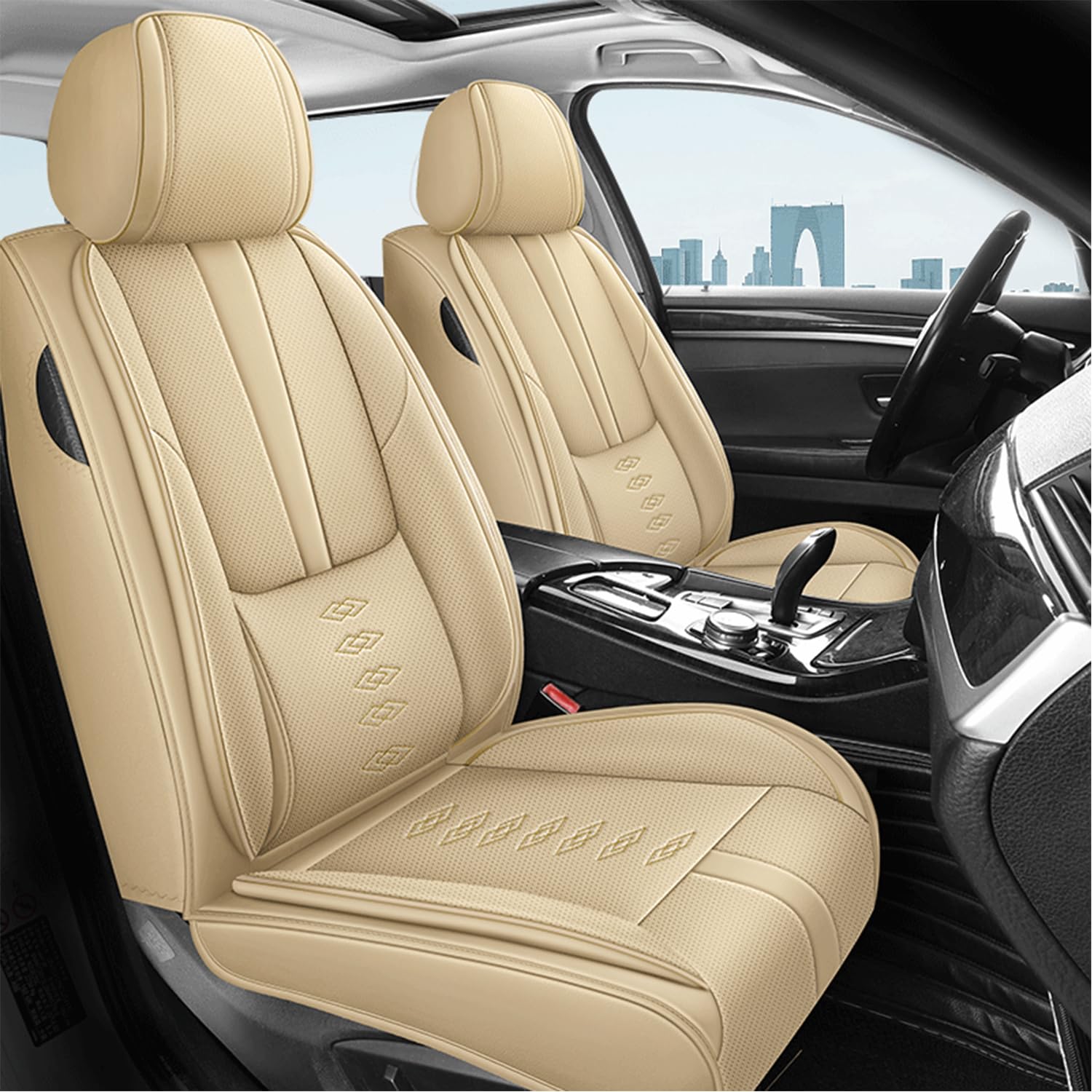 Fit for Buick Enclave 2008-2024 2025 Seat Covers,Front Set 2 Seats Waterproof Soft Leather Car Seat Covers with Airbag,Anti-Slip Car Interior Cushions for Enclave(Beige,Standard)