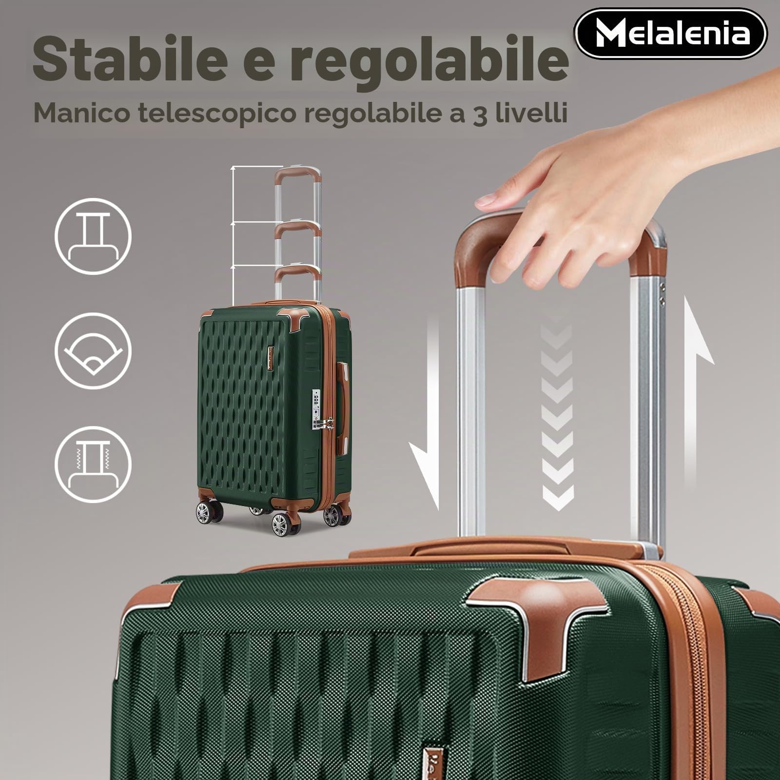 Melalenia Set Valigie 7 pezzi guscio rigido ABS 4 ruote serratura TSA Verde | Borsa viaggio espandibile e borsa bagno inclusi. Annidabili, cerniere YKK, protezioni angolari, ruote doppie 360° silenziose