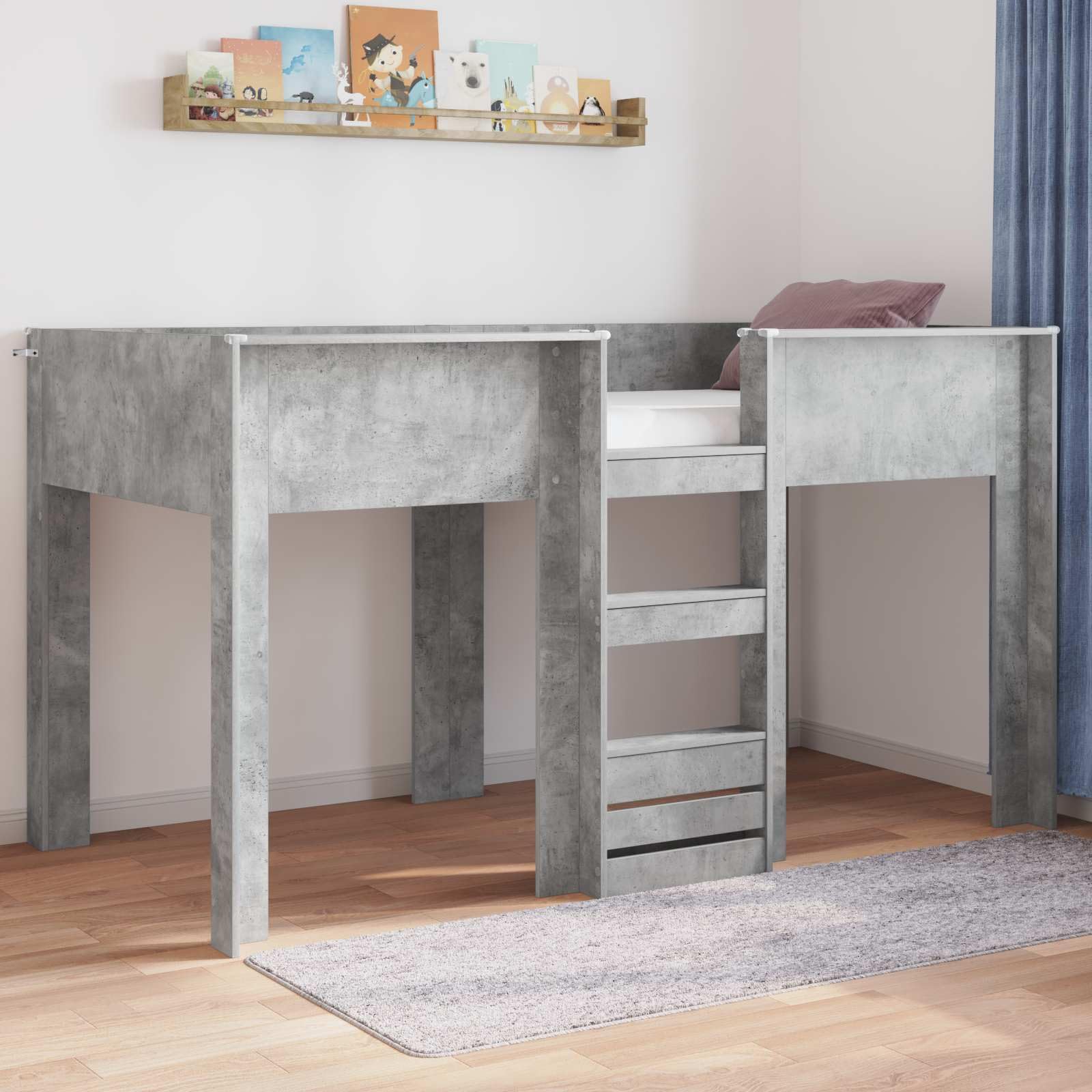 Z drewna inżynieryjnego Metalowy szary Biały 100 x 200 cm | Łóżko piętrowe dla dzieci Betonowy szary 100 x 200 cm z listwami, solidna rama z drewna, oszczędność miejsca do pokoju