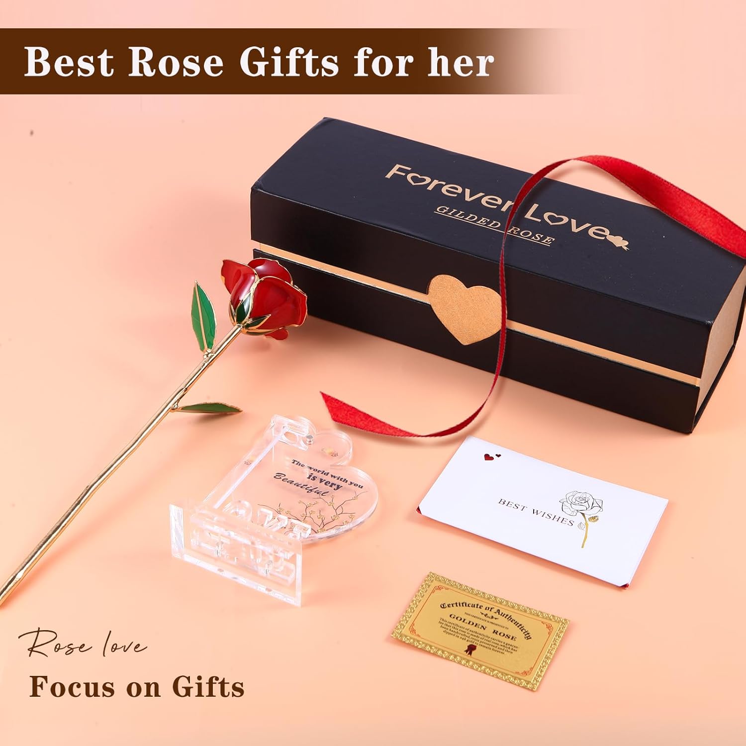 Gold Dipped Rose 24K Gold Rose-Fovever Real Long Stem 24K Golden Rose,Exquisite Romantic Gifts for Women Her Wife and Valentine's Birthday Anniversary Mother's Day