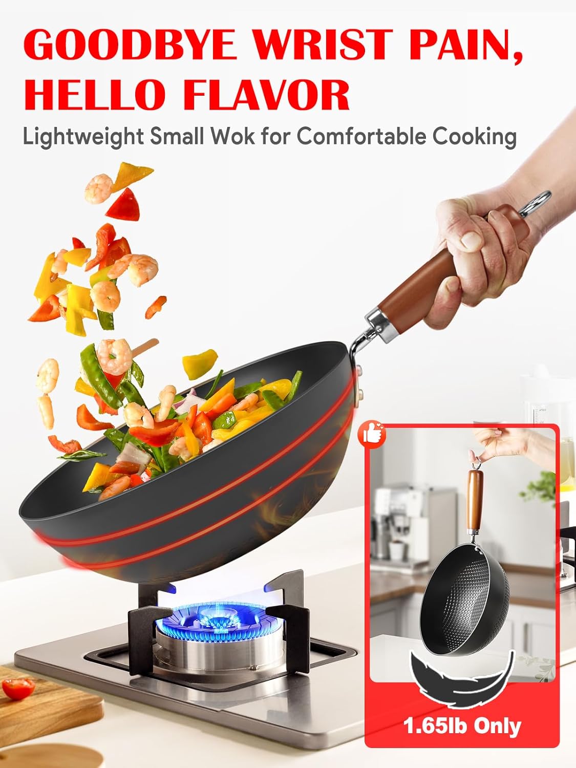 Carbon Steel Pan, 9.5-Inch Stir-Fry Woks & Pans Set with Glass Lid, 1.65lb Lightweight No Chemical Coated Flat Bottom Small Wok for 1-2 Servings