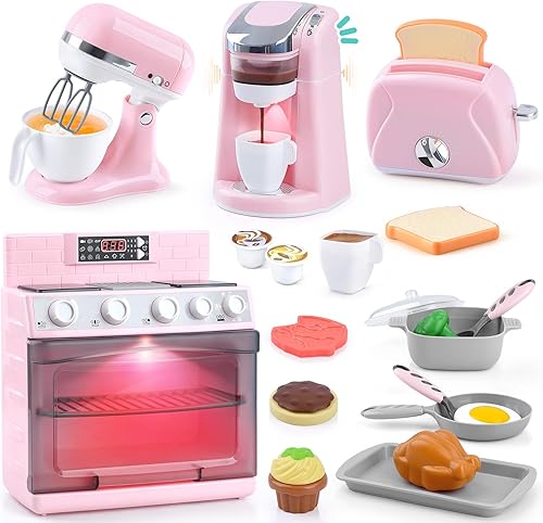 Play Juguetes para electrodomésticos de cocina, horno de juguete, juegos de juguetes de simulación con cafetera, mezclador, tostadora con luces y