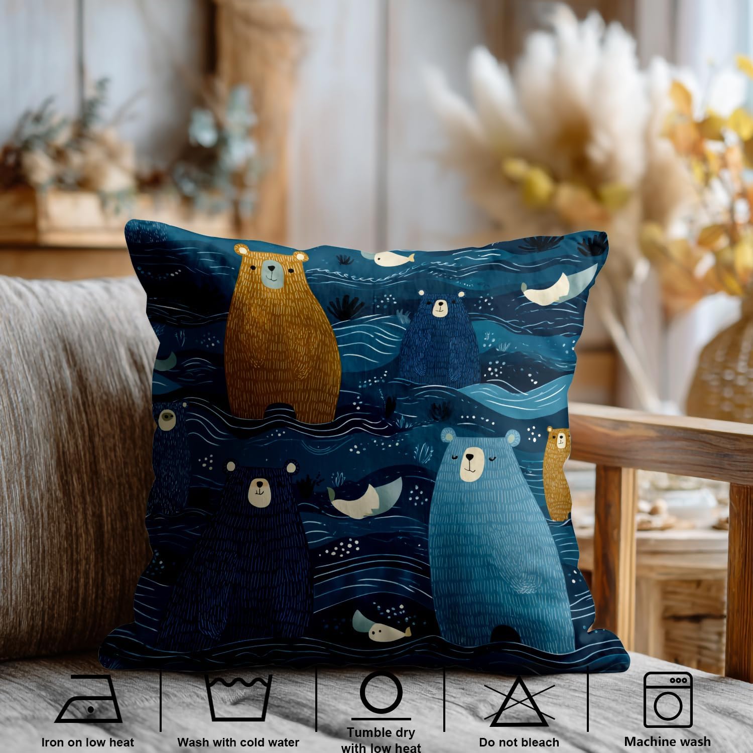 Shrahala Cute The Bear in Ocean Blue Throw Pillow Cover, Bears in Blue Ocean Colorful Fish Square Pillowcase Blended Double-Sided No Inserts for Bedroom Living Room Set of 2 (20 x 20 in)
