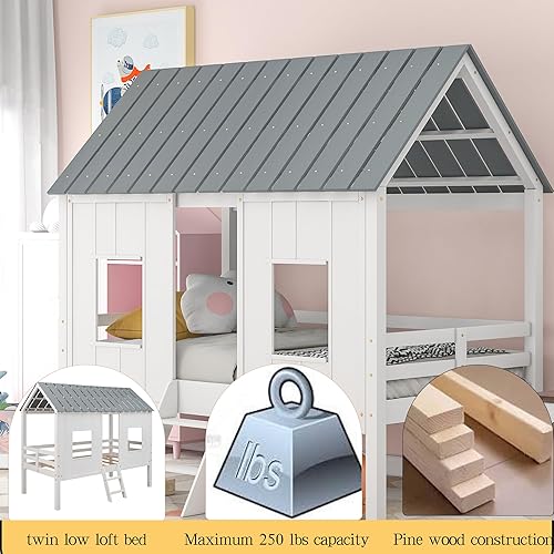 Miniatura 4 de Cama tipo loft de casa de tamaño individual con almacenamiento, marco de cama baja con ventana para niños, plataforma de cama tamaño individual,