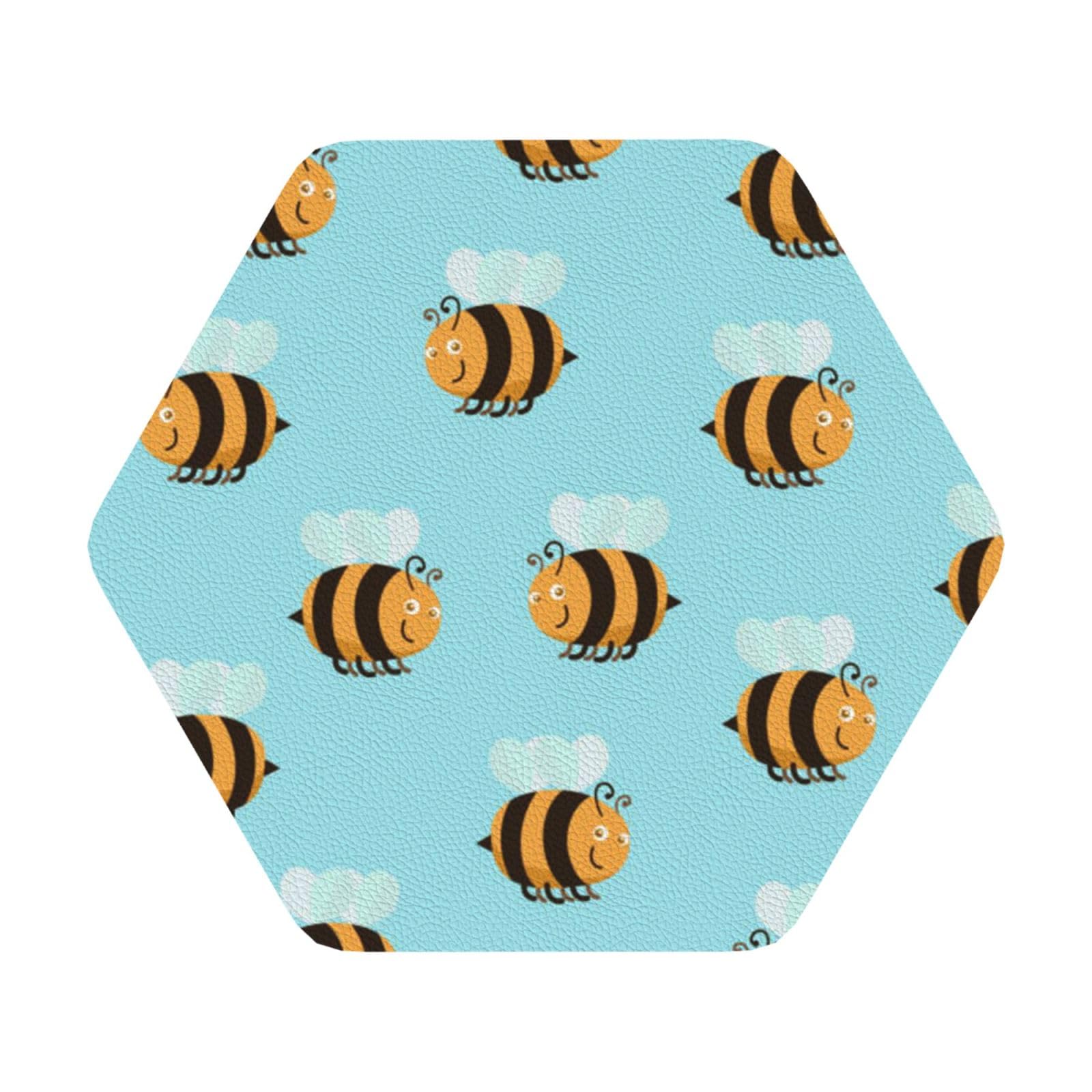 Cartoon Bee Pattern PU Leather Coasters Set of 6 Hexagon Drink Coasters