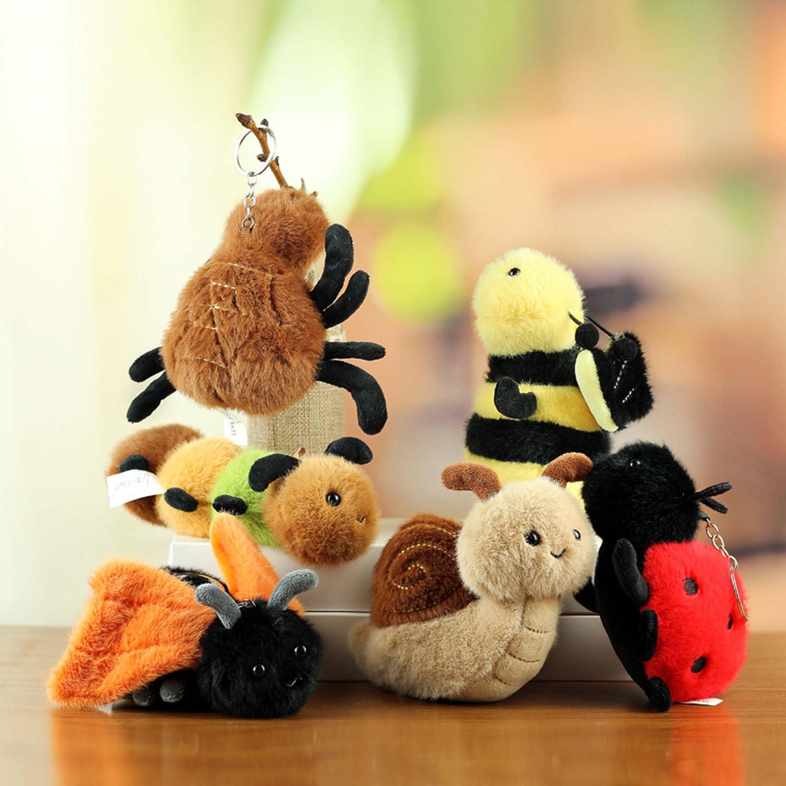 Cute Ladybug Insect Stuffed Animal Plush Keychain, Kawaii Bee Snail Moth Spider Keyring Bag Charms for Handbags