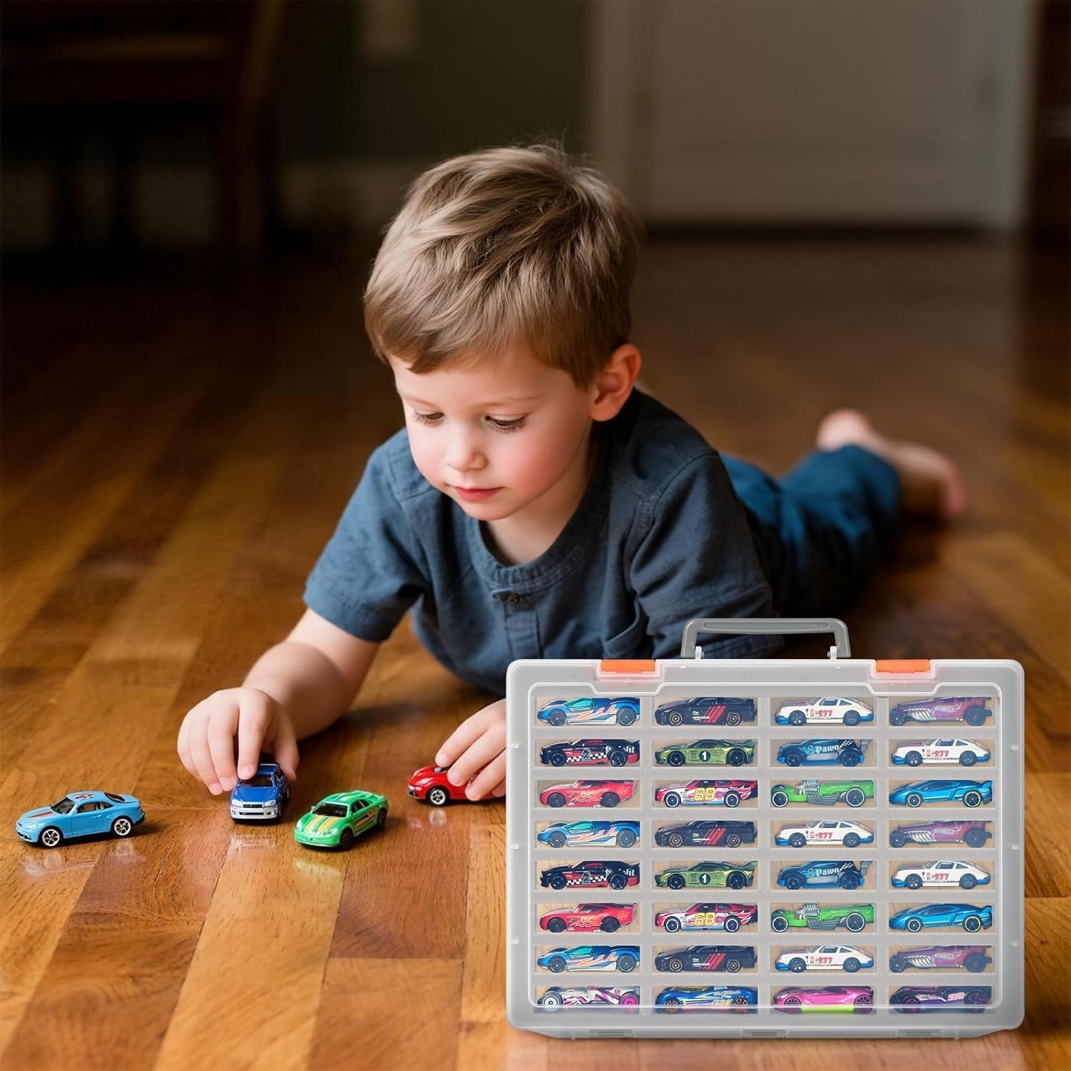 Toy Car Storage Organizer: 32 Foam Slots 1/64 Display Case for Hot Wheels/for Matchbox/for Others. Wall-Mountable Toy Car Carrying Case with Handle, Storage for Kid Collector- Transparent (Box Only)