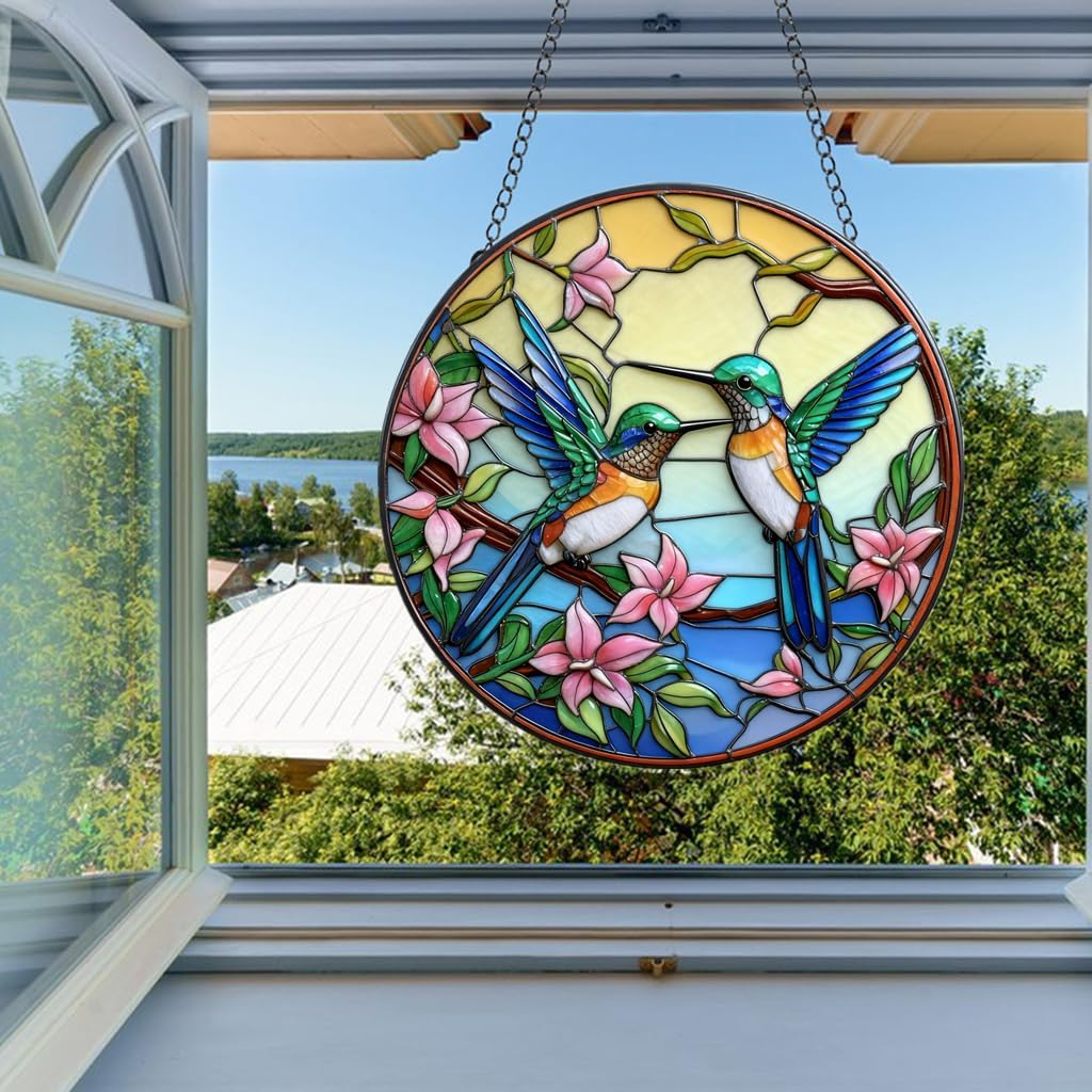 HOTIYOK Hummingbird Stained Glass with Chain, Round with Floral Glass Hanging Wall Art for Indoor Kitchen Window Decorations, Gifts for Women Grandma Teacher Bird Lovers