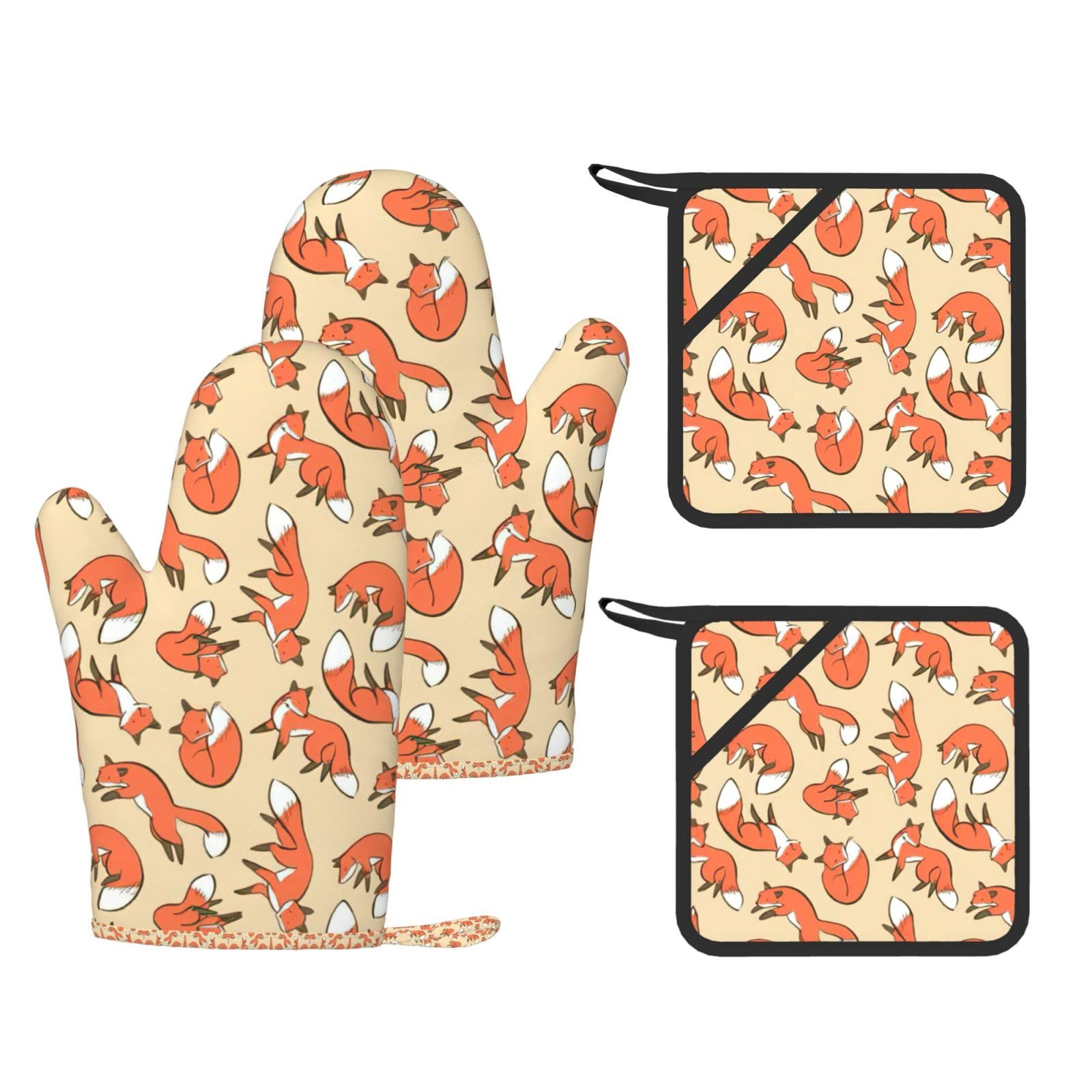 Many foxes Printed Pot Holders and Oven Mitts 4-Piece, Non-Slip Kitchen Gloves with Utensil Pocket for BBQ
