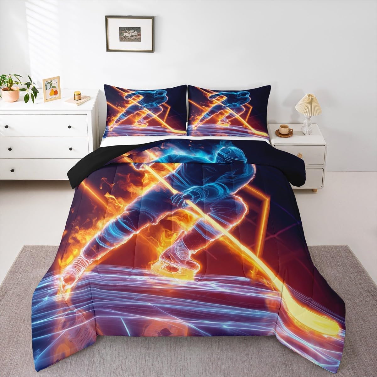 Erosebridal Hockey Comforter Set 3Pcs for Kids Boys Teens - Ice Sports Down Comforter Queen Size With Burning Puck Ball Decor - Bedding Set With Player Winter Sport Game Duvet