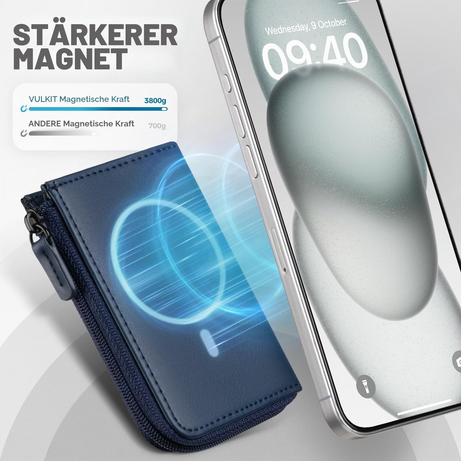 VULKIT Magnetische Kartenbrieftasche, kompatibel mit MagSafe Wallet RFID-blockierender Handy-Kartenhalter für iPhone 15/14/13/12 Serie, navy, no, Minimalistisch