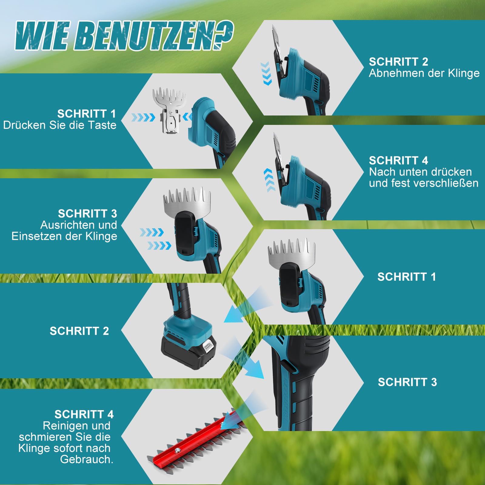 Akumulatorowe nożyce do żywopłotu kompatybilne z Makita 18 V, nożyce do trawy i krzewów, kosiarka do trawnika, podwórka, ogrodu, szerokość cięcia 24 cm i 13,5 cm (S)
