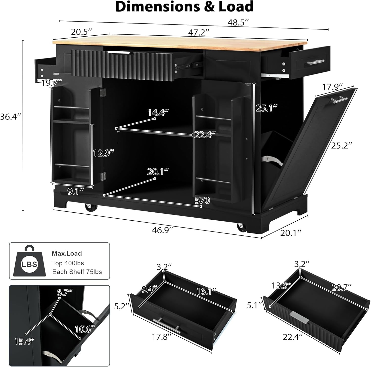 Kitchen Island with Trash Can Storage Cabinet and Power Outlet, Rolling Kitchen Cart on Wheels with Internal Storage Rack, Drawers, Open Side Racks for Dining Room (48.5", Black)
