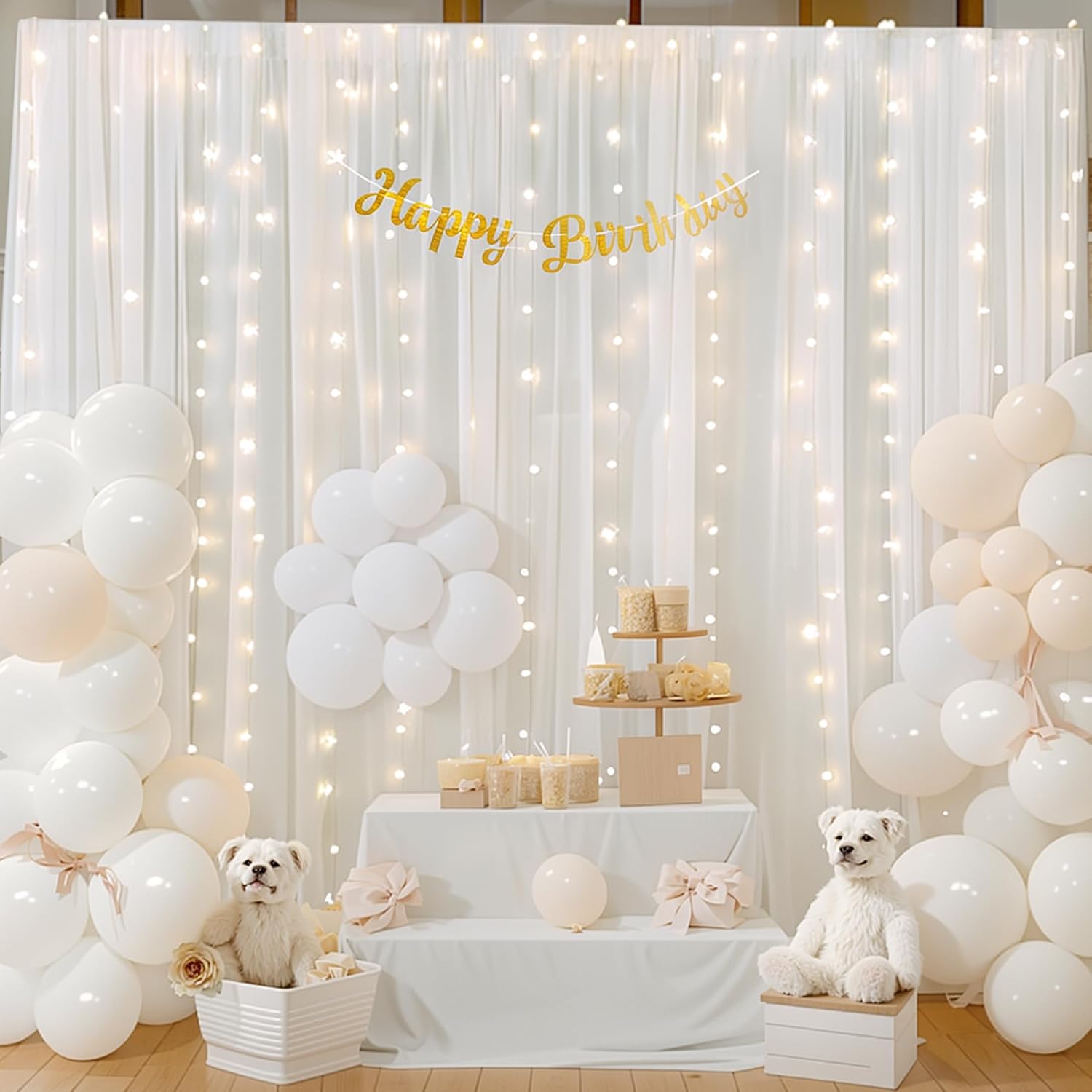 10ft x 10ft White Chiffon Backdrop Curtain with Lights String for Parties,2 Panels Sheer Tulle Curtain Wedding Backdrop with Lights for Baby Shower Birthday Party Ceremony Reception Home Decorations