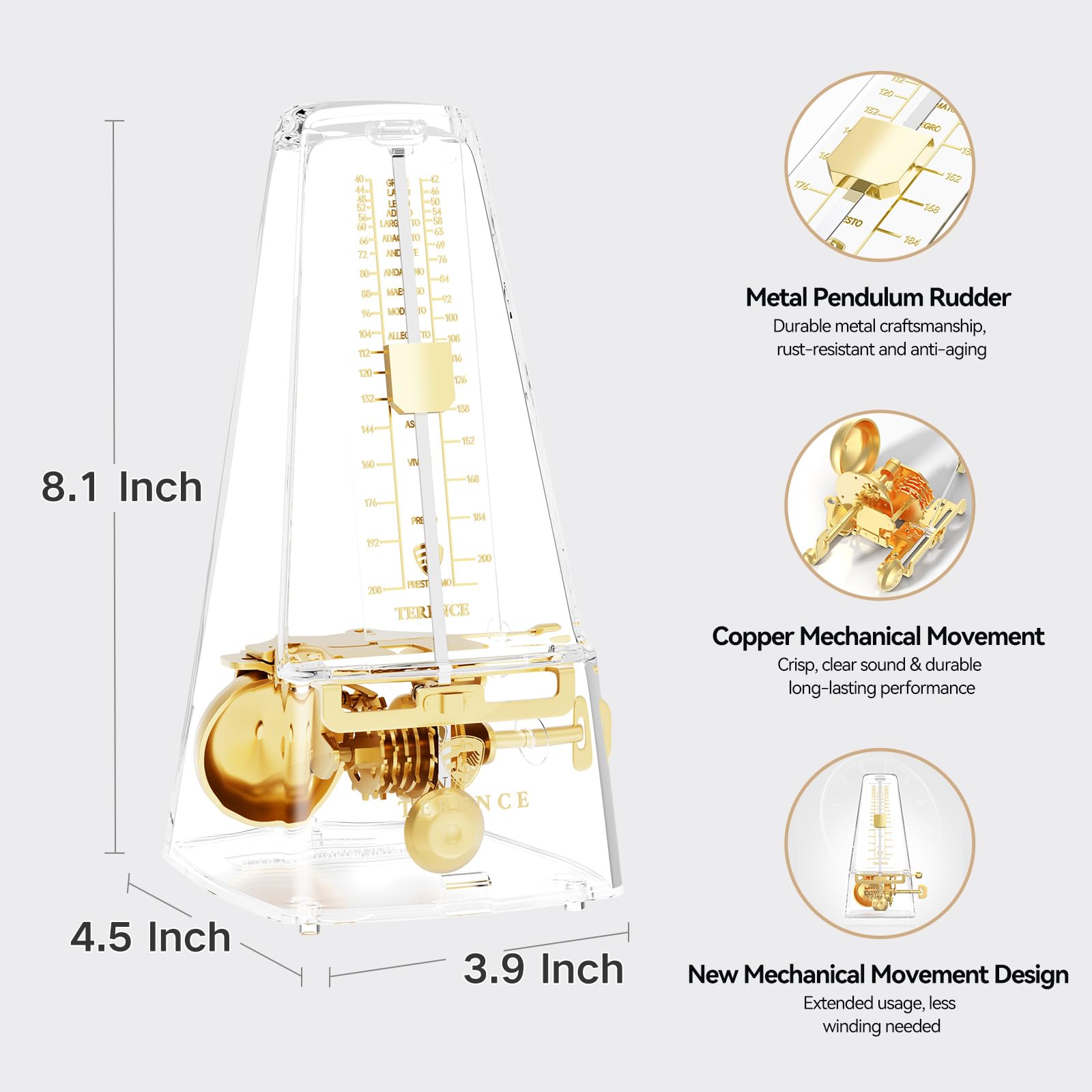 Metronomo Meccanico Seiko Per Pianoforte E Chitarra - Trasparente Con Campanella In Metallo E Regolazione Tempo - Foto 12