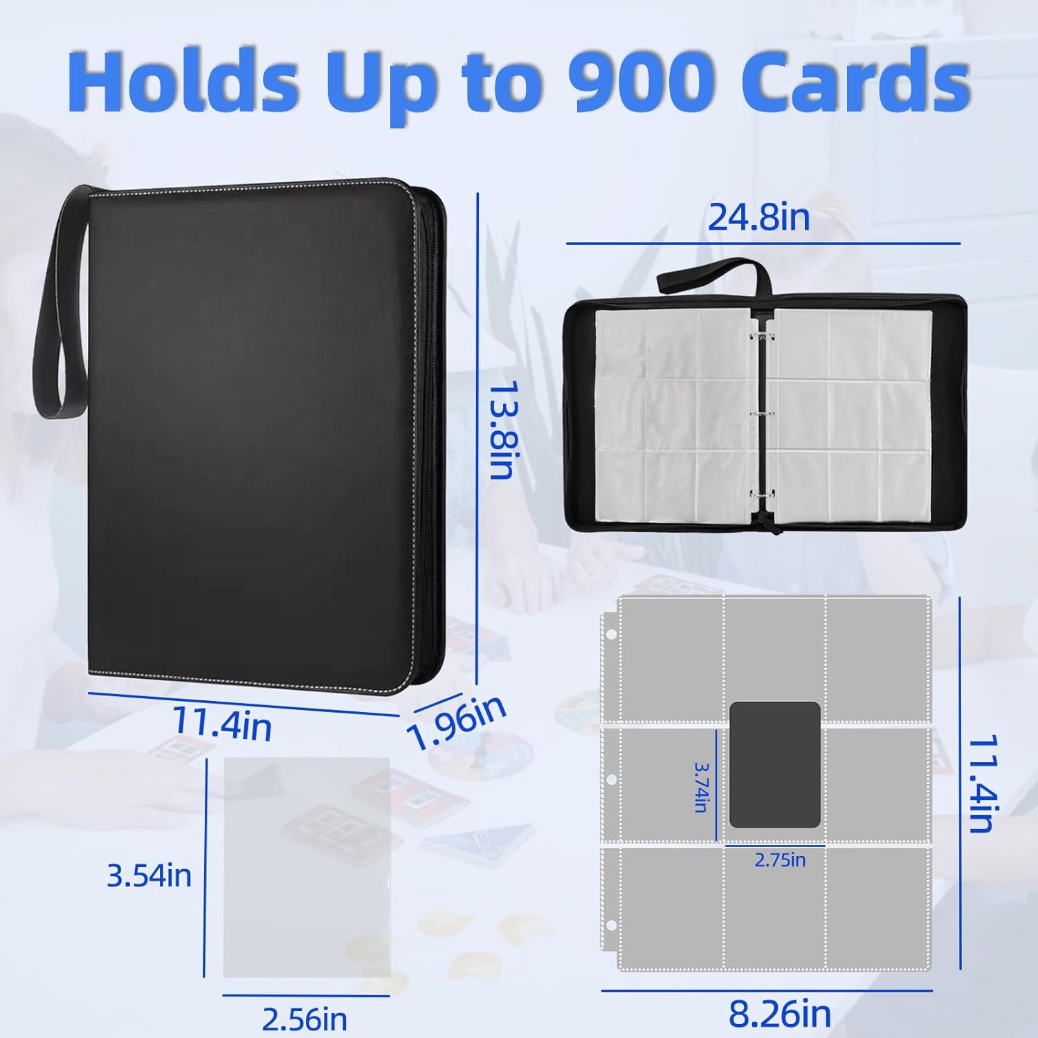 Large 900 Card Binder 9 Pocket Album – Card Binder Pockets for Trading Cards, Photocard, MTG, TCG, Sports Card Storage, Plus Top Loaders for Cards, PU Leather Zipper Cover, 50 Pages & 300 Sleeves