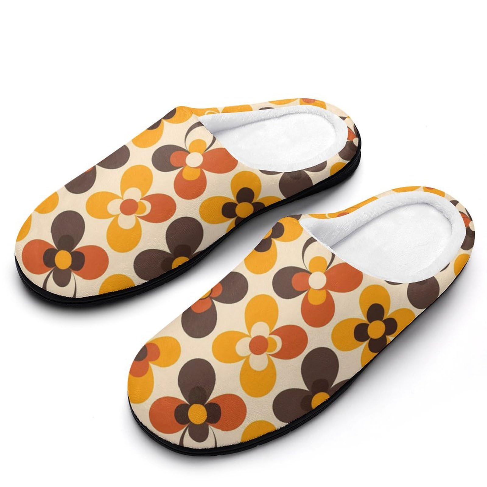 Seventies Geometric Vintage Pattern Flower Mens Slippers Casual Slip On Warm House Shoes with Rubber Sole Indoor Outdoor 7-8?40-41?