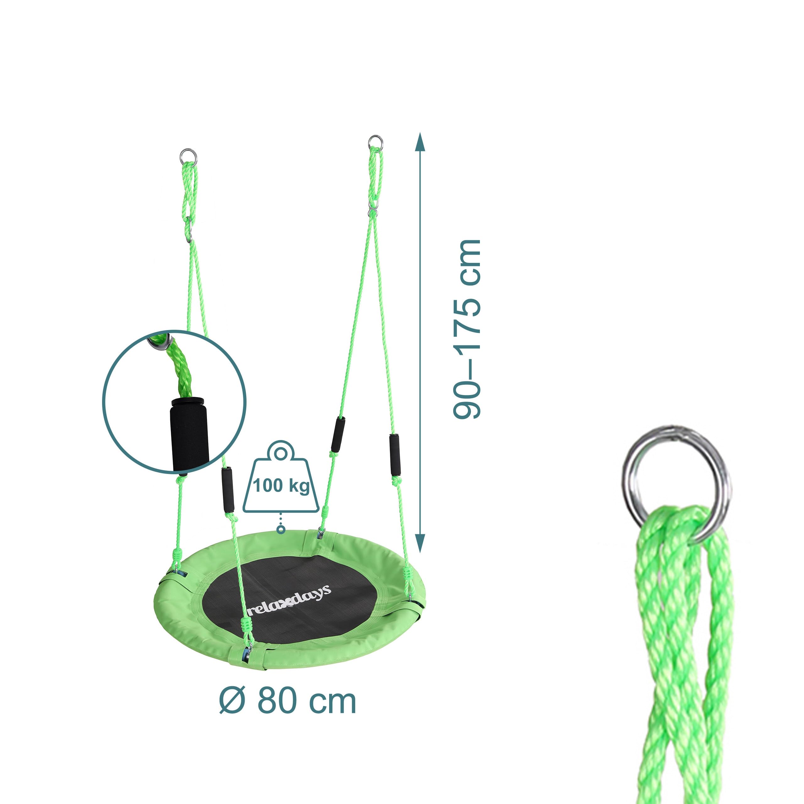Relaxdays Columpio Nido Redondo, Asas de Espuma, para niños, Ajustable, Exterior, Ø: 80 cm, hasta 100 kg, Verde