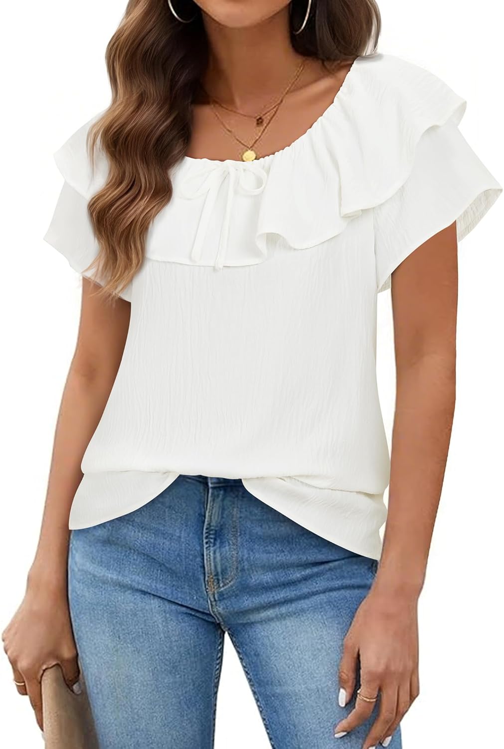 Off The Shoulder Tops for Women Boat Neck Blouses Casual Ruffle Short Sleeve Shirts Chiffon Summer Vacation Outfits - Image 2
