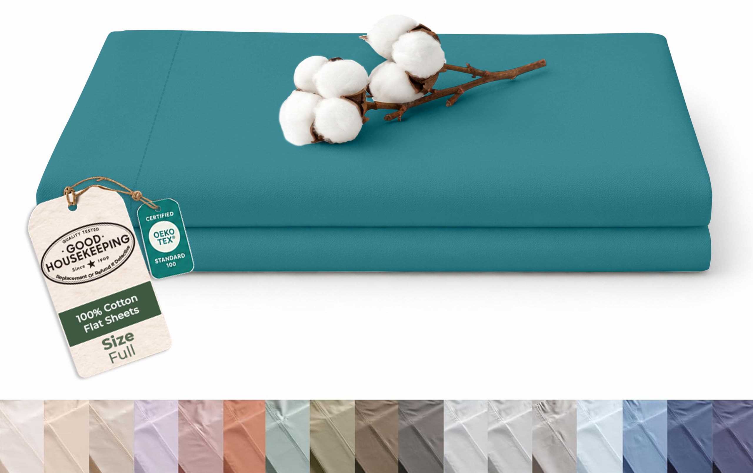 Royale Linens 100% Organic Cotton Full Size Flat Sheet Only - Percale Top Sheets - Full Flat Sheet Sold Separately - Lightweight &amp; Super Soft 100% Cotton Teal Bed Sheets Only (81" x 96", Teal)