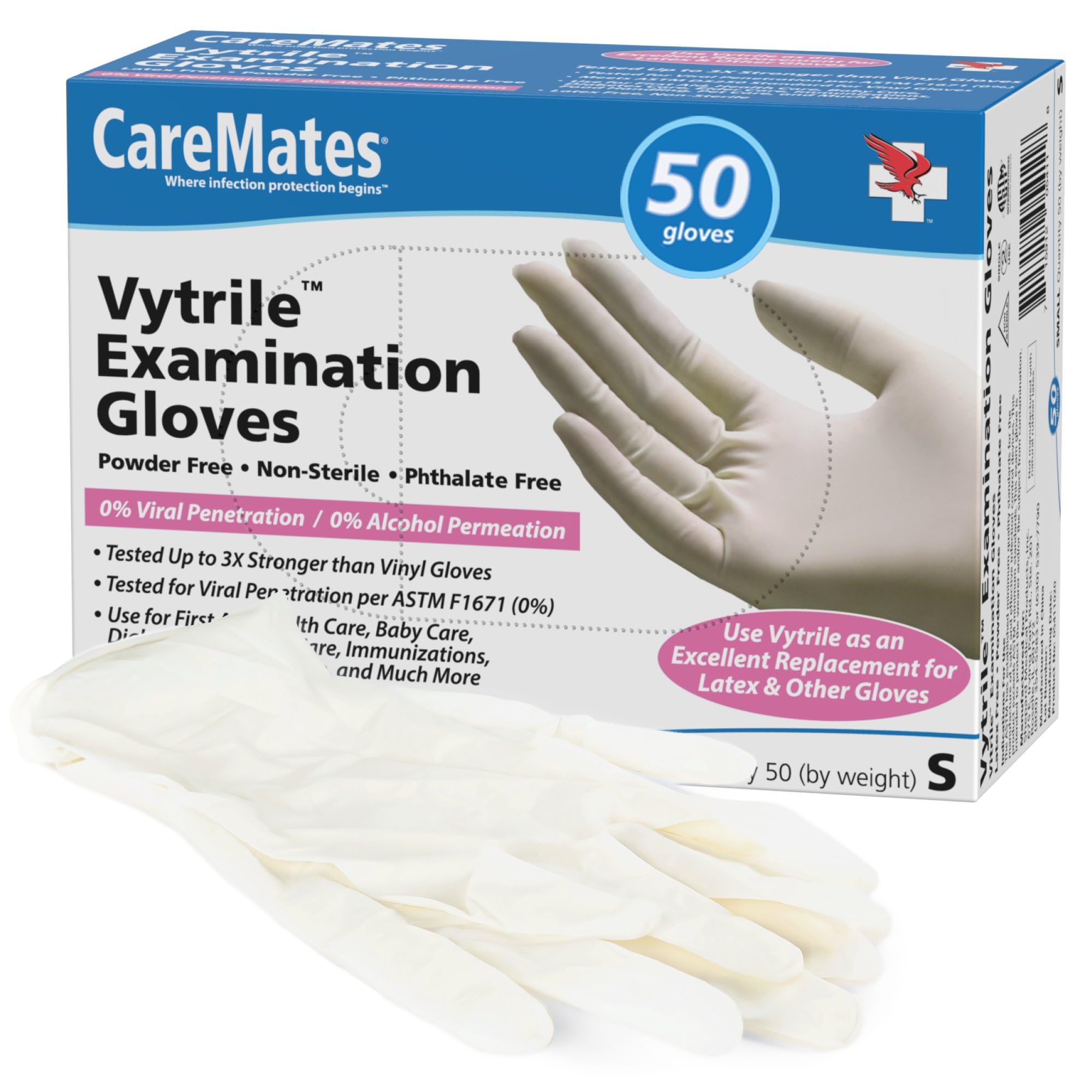 CareMates Vytrile - Guantes de examen médico, goma sin látex, sin polvo, extrafuertes, 4 mil de grosor, certificados para infusión en el hogar, primeros auxilios, seguros para alimentos, guantes de