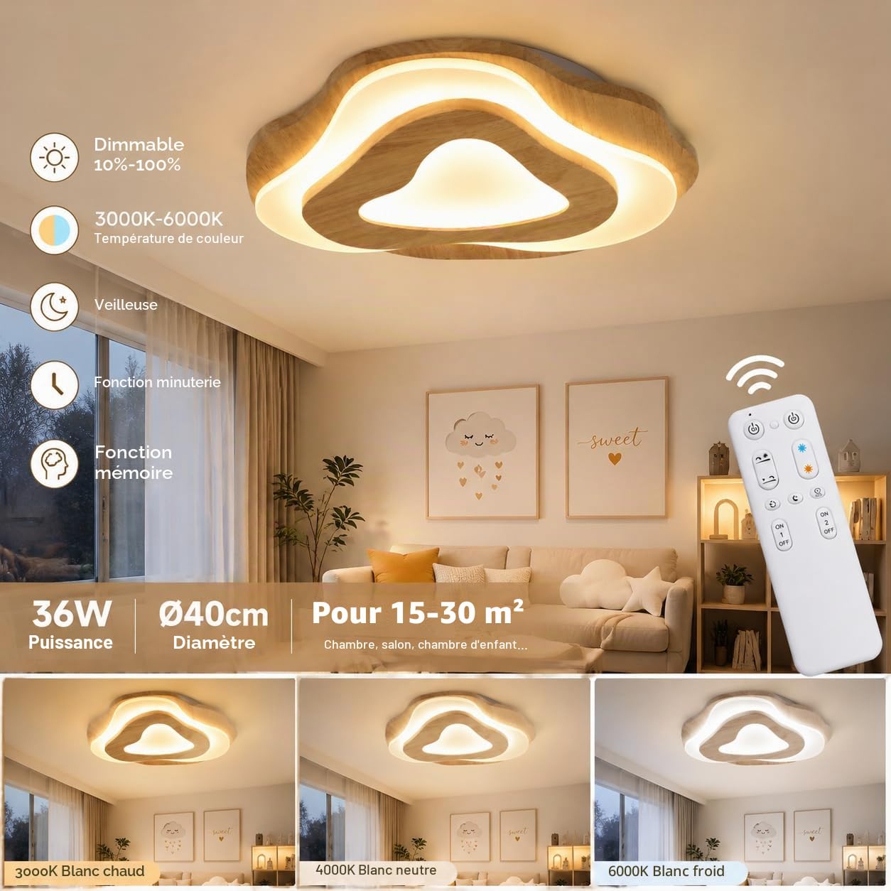 SENFAY Plafonnier LED Bois Naturel Ø40cm, Lampe de Plafond Dimmable avec Télécommande, Design Moderne Forme Cœur en Bois Chêne, 35W 3200lm, Plafonnier Chambre Salon Cuisine avec Mémoire et Veilleuse