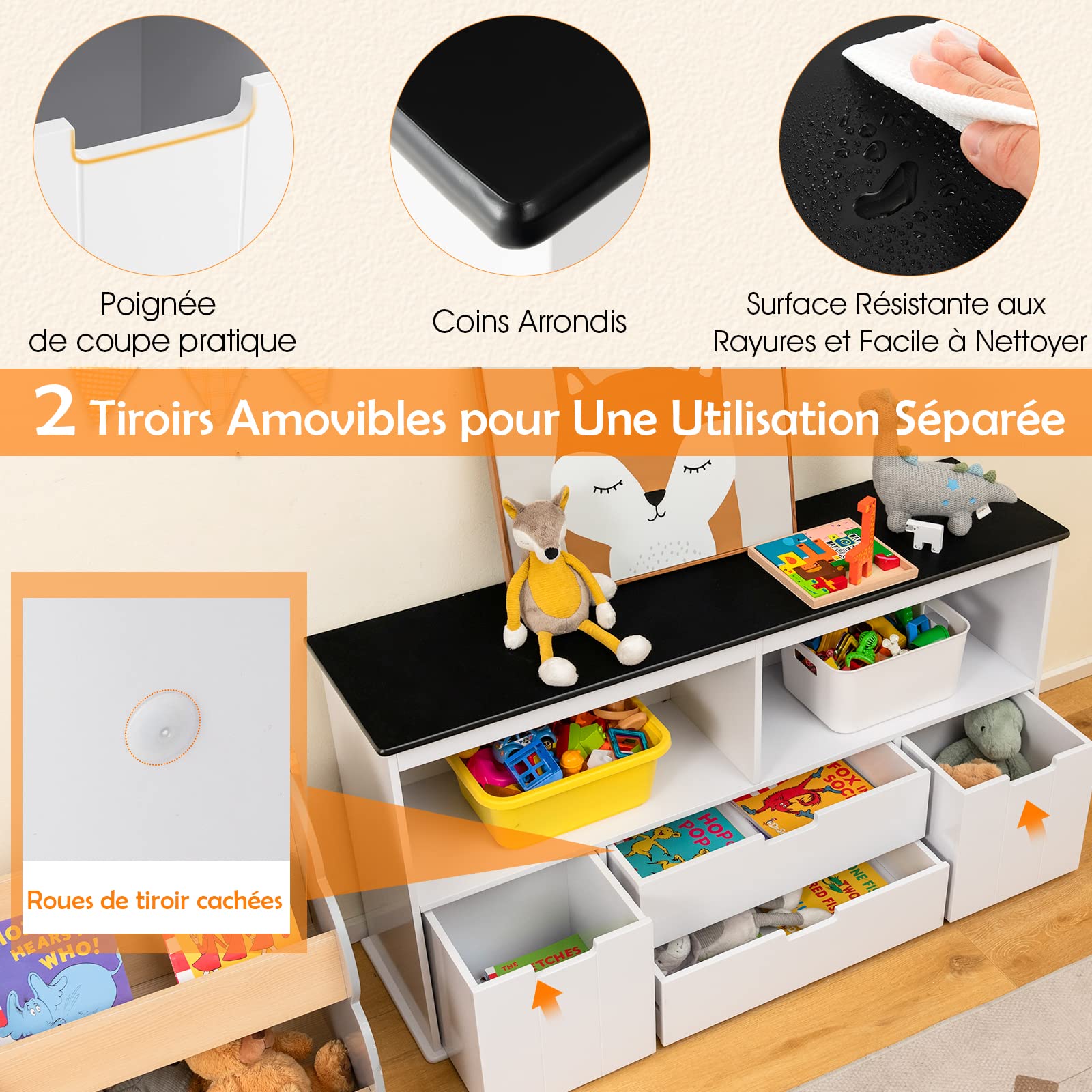 Coffre à Jouets Enfant Costway Avec Tiroirs & Armoires - Rangement Pratique, Bois, Anti-basculement, 106x62 Cm Bureau Enfant