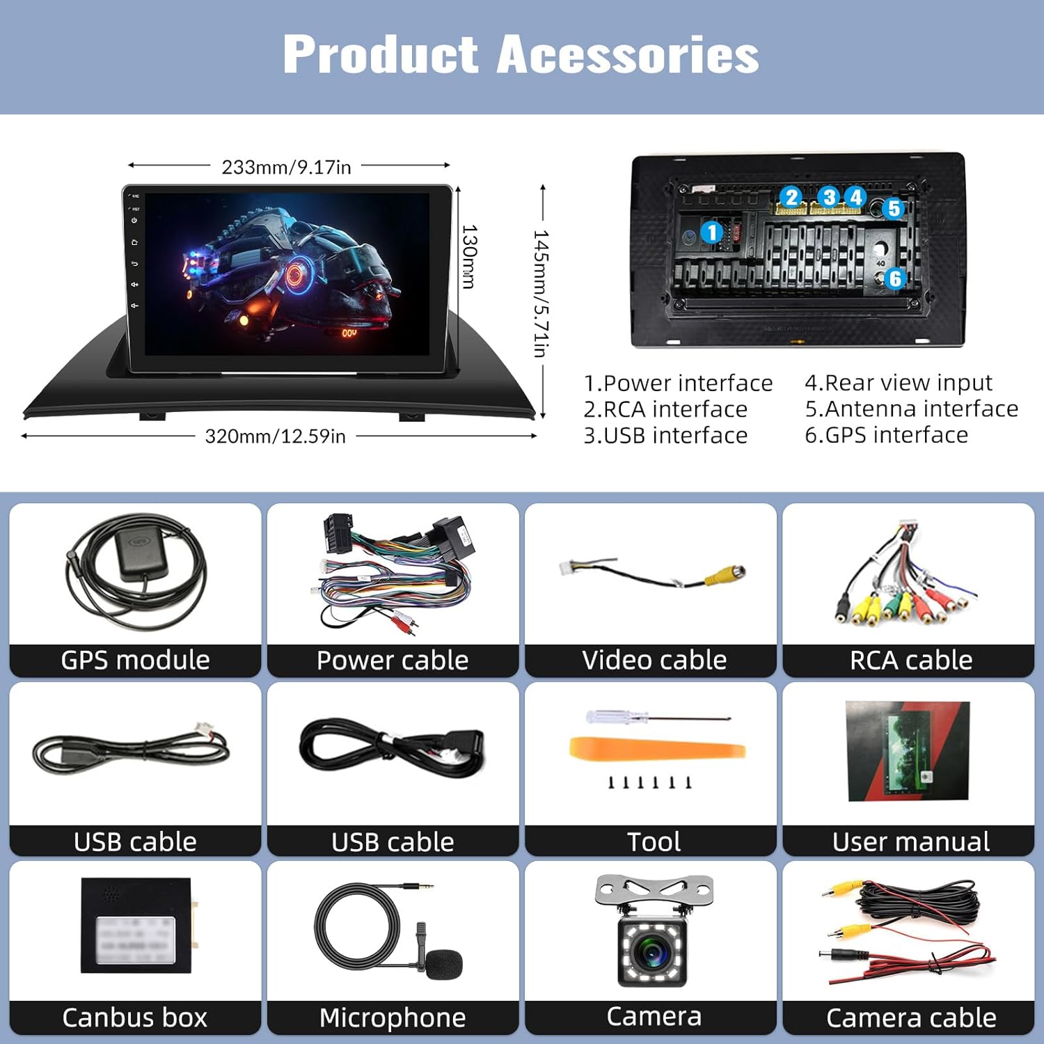 Diagram showing all included accessories: GPS module, power cable, video cable, RCA cable, USB cables, installation tool, user manual, Canbus box, microphone, camera, and camera cable.