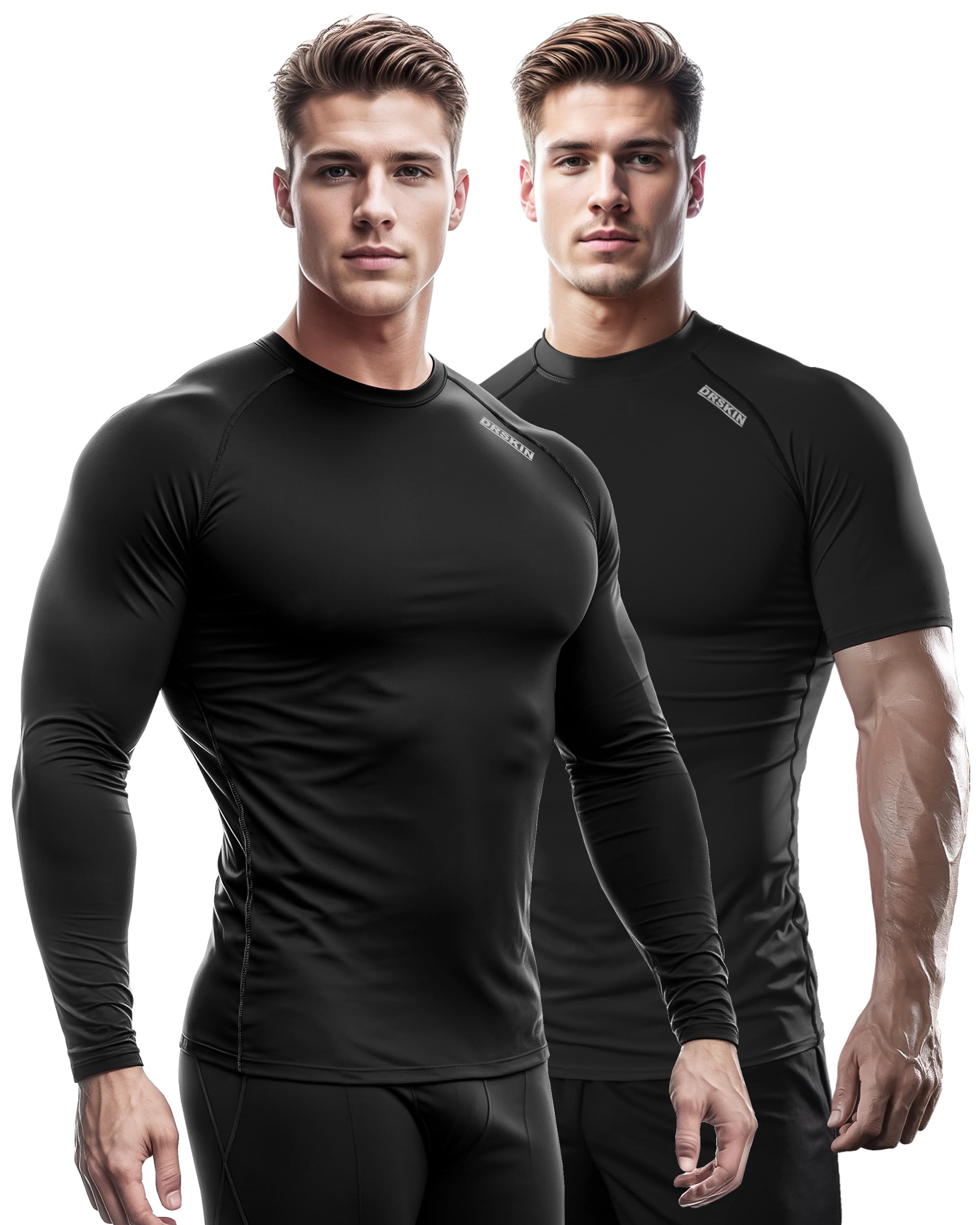 DRSKIN3, 2 or 1 Pack Men's Compression Shirt Short Sleeve Top Baselayer Sports T-Shirt Athletic Running Active Workout