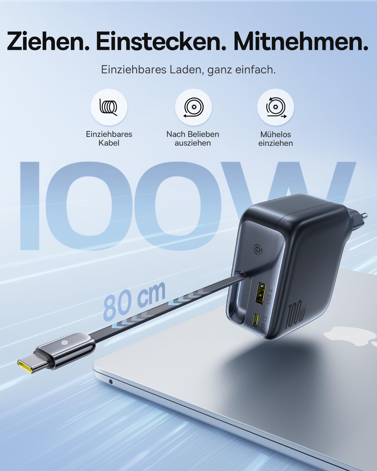 Baseus Enercore USB C Ladegerät 100W mit Ausziehbaren Kabel, 3 Ports GaN Netzteil, PD Schnellladegerät kompatibel mit MacBook Pro Air, Dell, HP, iPad, iPhone 17/16/15/14/13Pro Max Galaxy S25/24Ultra
