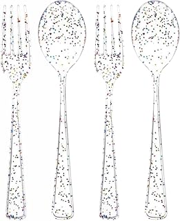 Blue Orchards Rainbow Dot Plastic Spoon and Fork Set (50 Each) – Durable Polkadot Utensils, Heavy Duty Disposable Colored Cutleries and Plastic Utensils for Parties, Birthdays, Weddings and Events