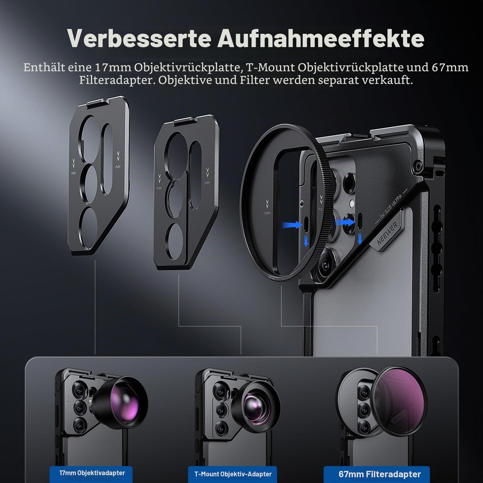 NEEWER S25 Ultra Handykäfig, Handy Video Rig Telefonstabilisator mit 67 mm Filteradapter, 17 mm Objektivrückplatte, T Mount Objektivadapter, kompatibel mit Samsung Galaxy Moment T Serie, PA082