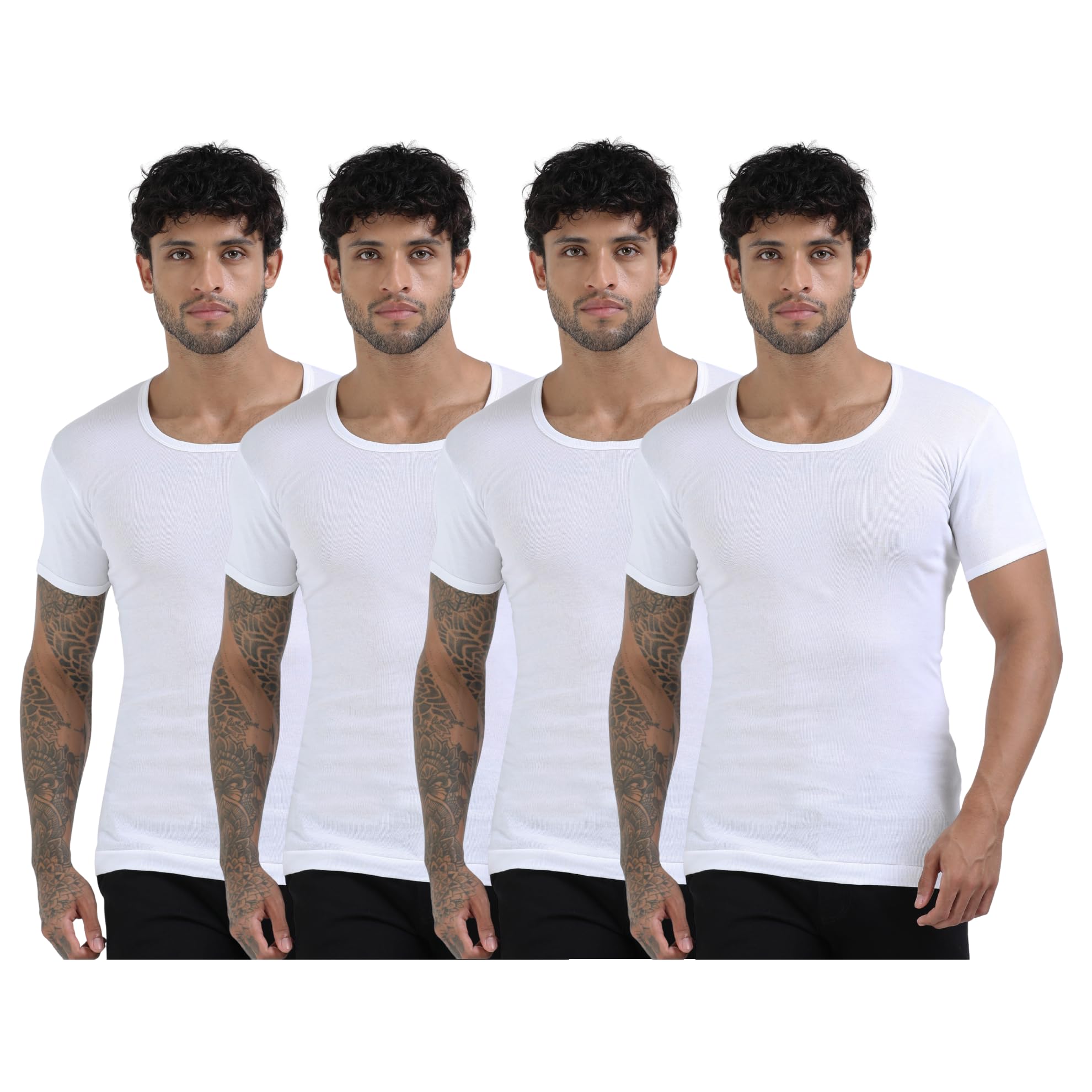 Men's Super Combed Rib Cotton Round Neck Half Sleeve Vest | Stay Tucked | Pack of 4-image-33