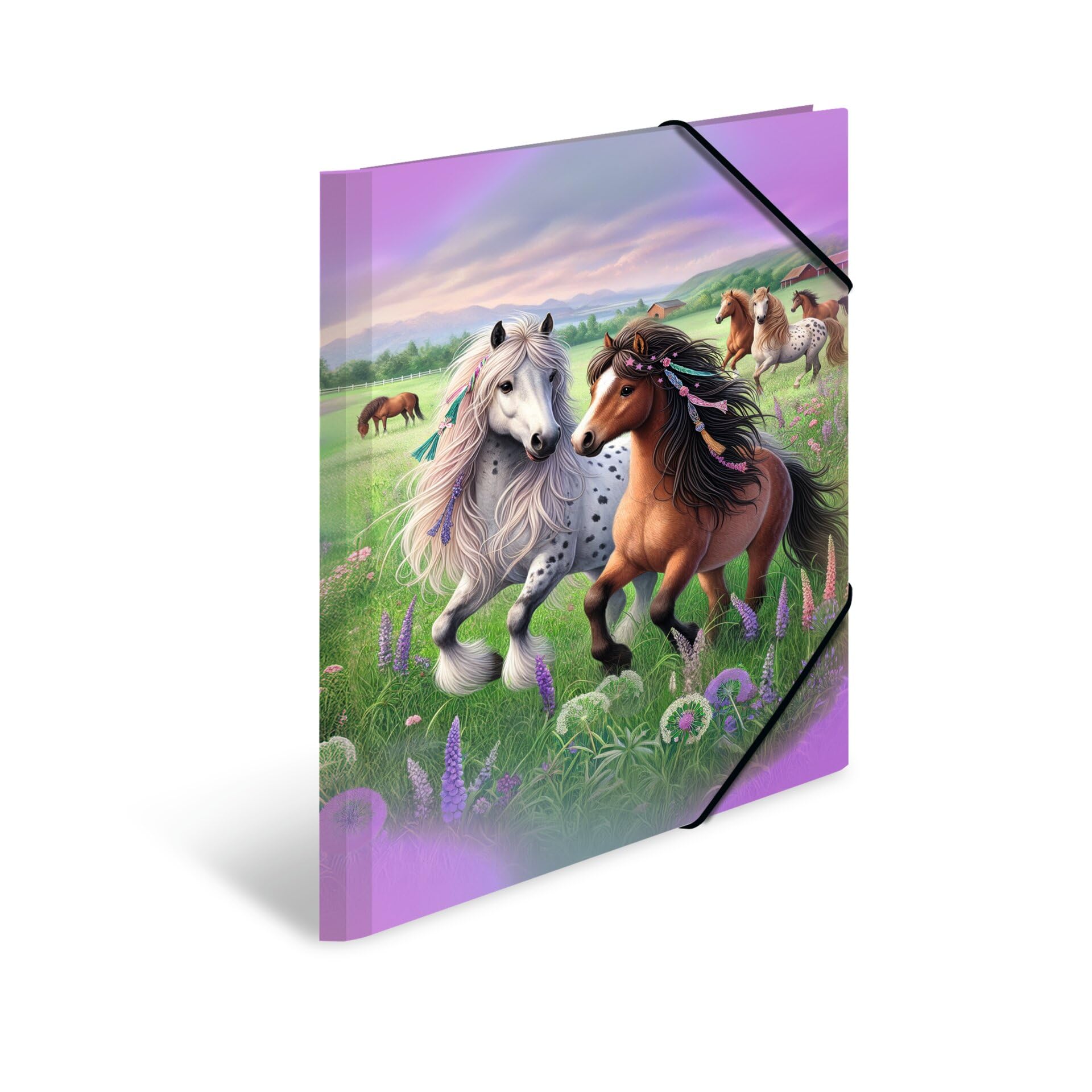 HERMA Portfolio Folder A3 Horse World, Cardboard Corner Folder with Nursery Motif, Elastic Band, Inner Flaps and Inner Print for Boys, Girls and Children
