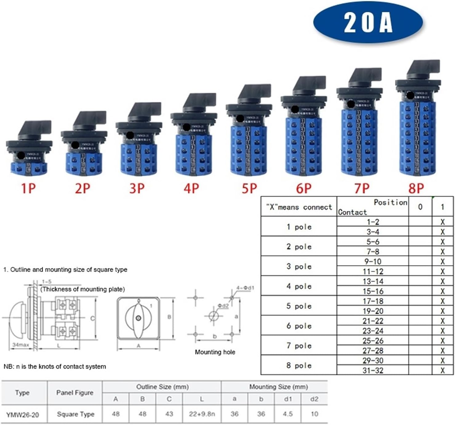 0-1 Reset Off-ON Rotary Cam Switch Two Positions 690V 20A Changeover Power Control LW28 LW26-20(5P 20Terminals)