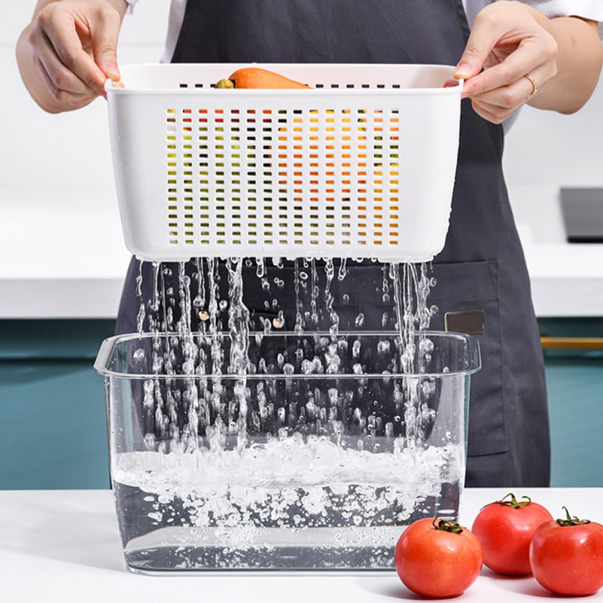 Gadpiparty Lot de 2 Boîtes à Fruits et Légumes Panier d'Égouttage Double Compartiment 17L et 45L en Plastique Blanc Organisateur Réfrigérateur Réutilisable pour Conservation Fraîcheur