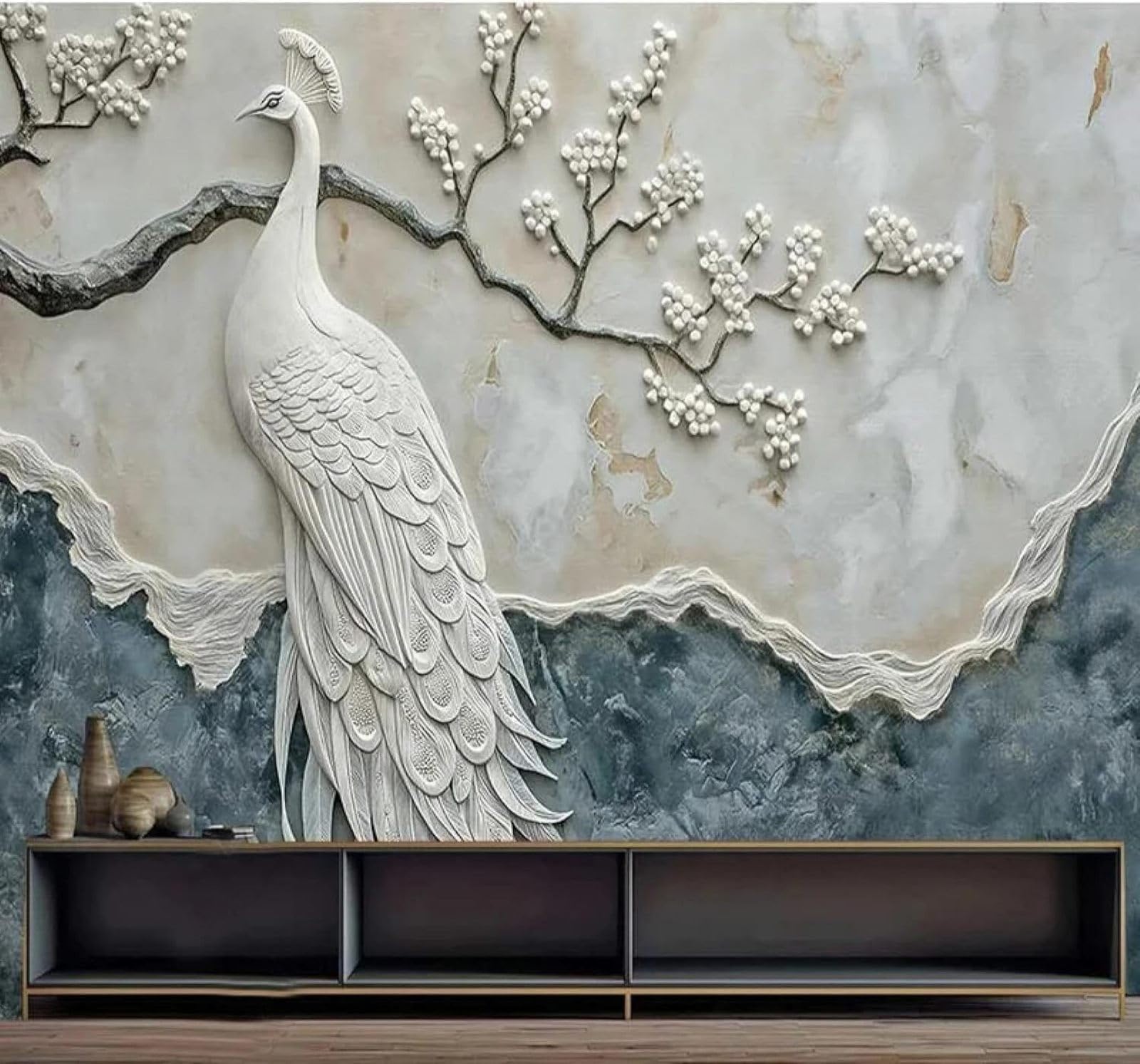 XLMING Relief Peacock Branches Faux Marble Texture 3D Wallpaper Luxury Silk Study Dining Feature Sofa Grey Bedroom Living Room Tv Decorative Wall-350cm×256cm
