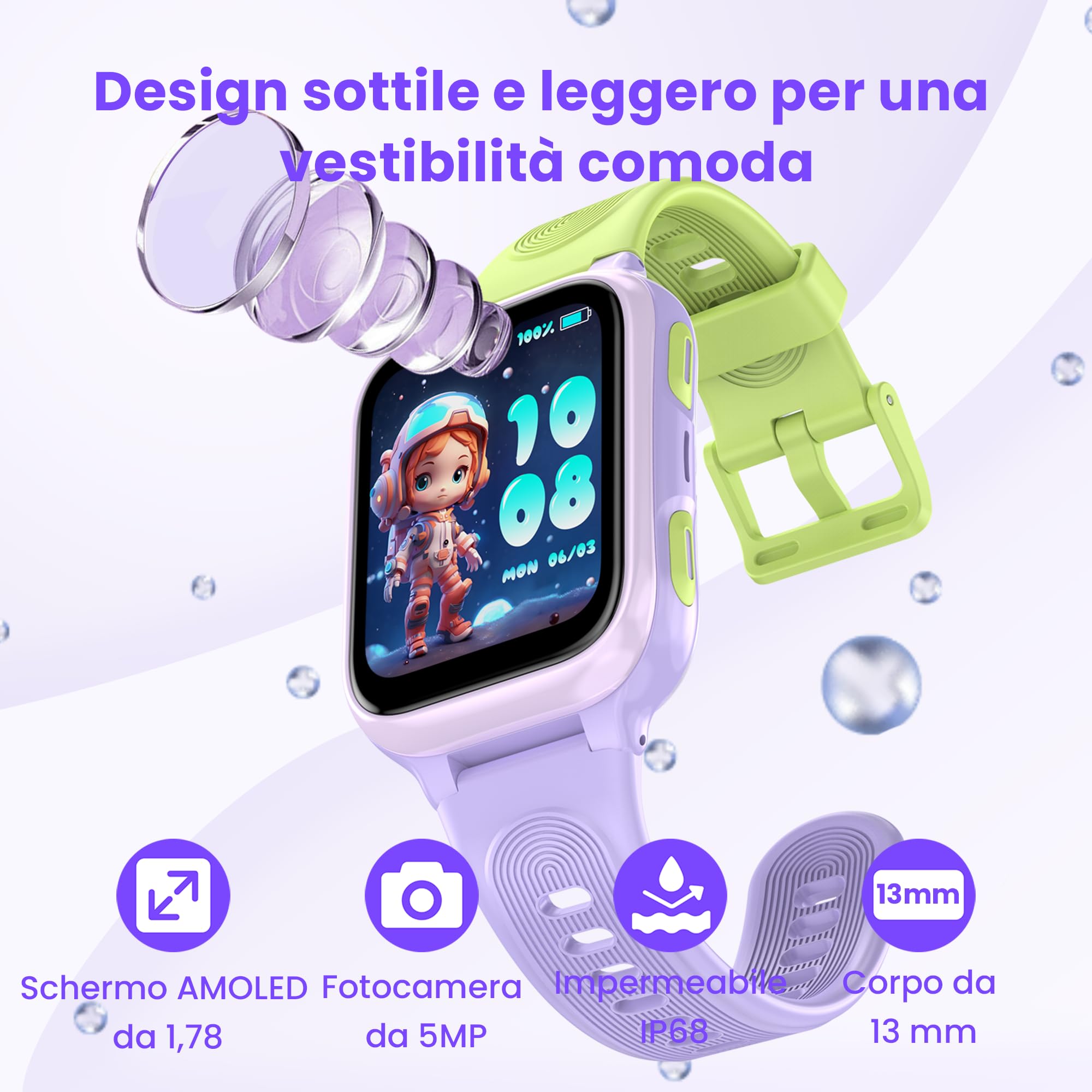 K9 Smartwatch Bambini AI, Orologio Smartwatch Bambini con GPS e Telefono,AMOLED da 1,78'' per bambini con 4G videochiamata, Sveglia, Modalità scuola, Impermeabile IP68,Adolescenti dai 6