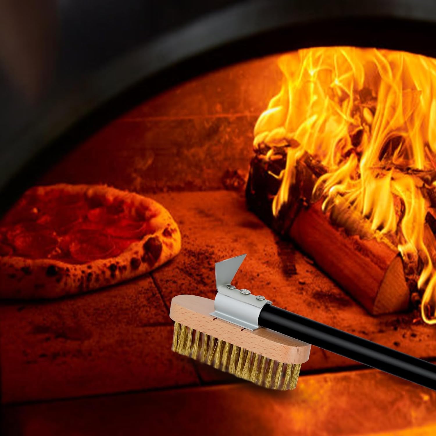 Spazzola per Forno per Pizza con Raschietto, Spazzola per Griglia con Setole in Ottone e Manico, Lunghezza Totale 89 cm o 129 cm, Accessori per Forno per Pizza